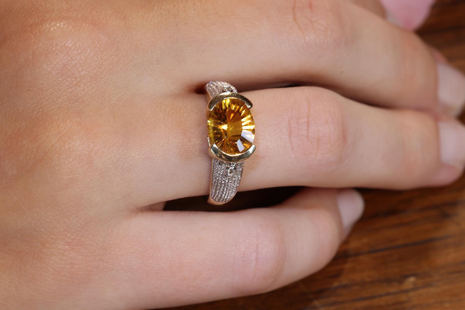 LeVian Orange Citrine Ring, Accented Diamond Shank, 14K Yellow and White Gold For Sale 2