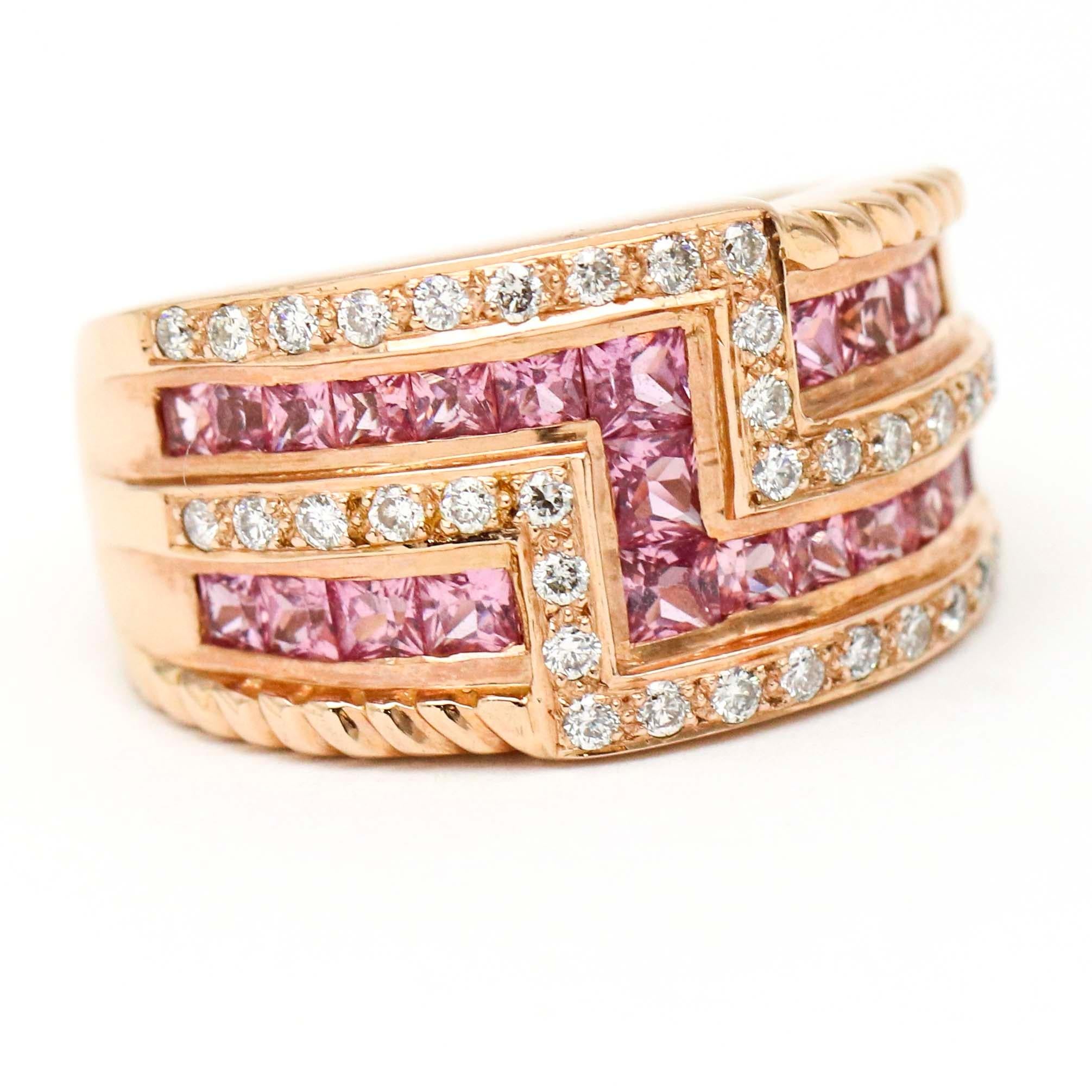 LeVian wide band in 14-karat rose gold with over pink sapphires and diamonds. Size 6.75 (can be sized)