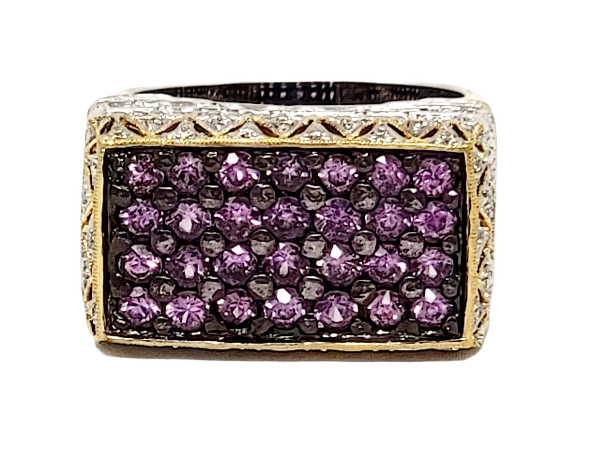 Ring size: 7.25

Contemporary Le Vian pink sapphire and pave diamond ring with intricate two-tone gold detail. 

Ring size: 7.25
Weight: 13.10 grams
Metal: 18 Karat Yellow and White Gold
Natural Diamonds: .15 ctw 
Diamond cut: Round
