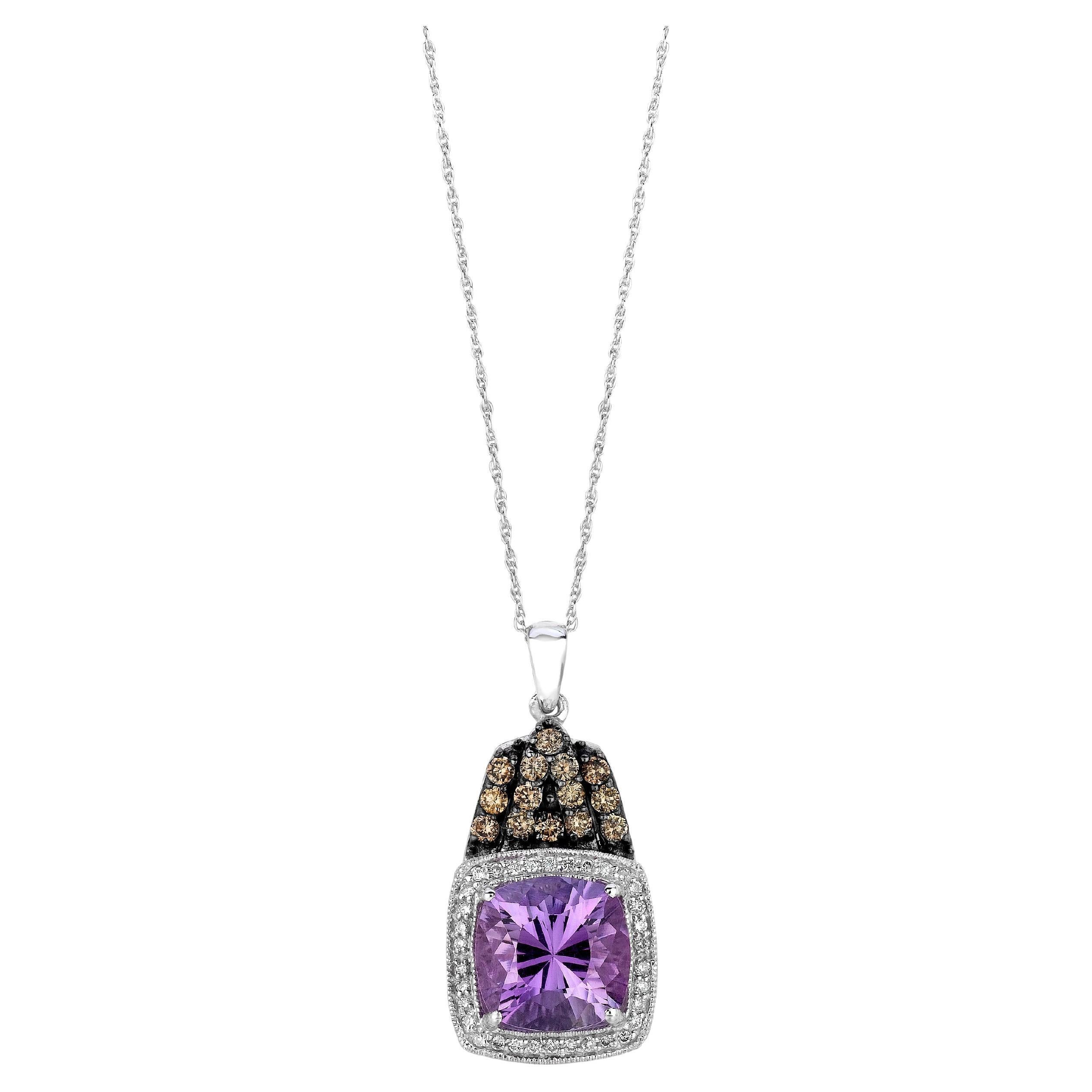 Levian Purple Amethyst Chocolate White Diamond Pendant in 14k White Gold For Sale