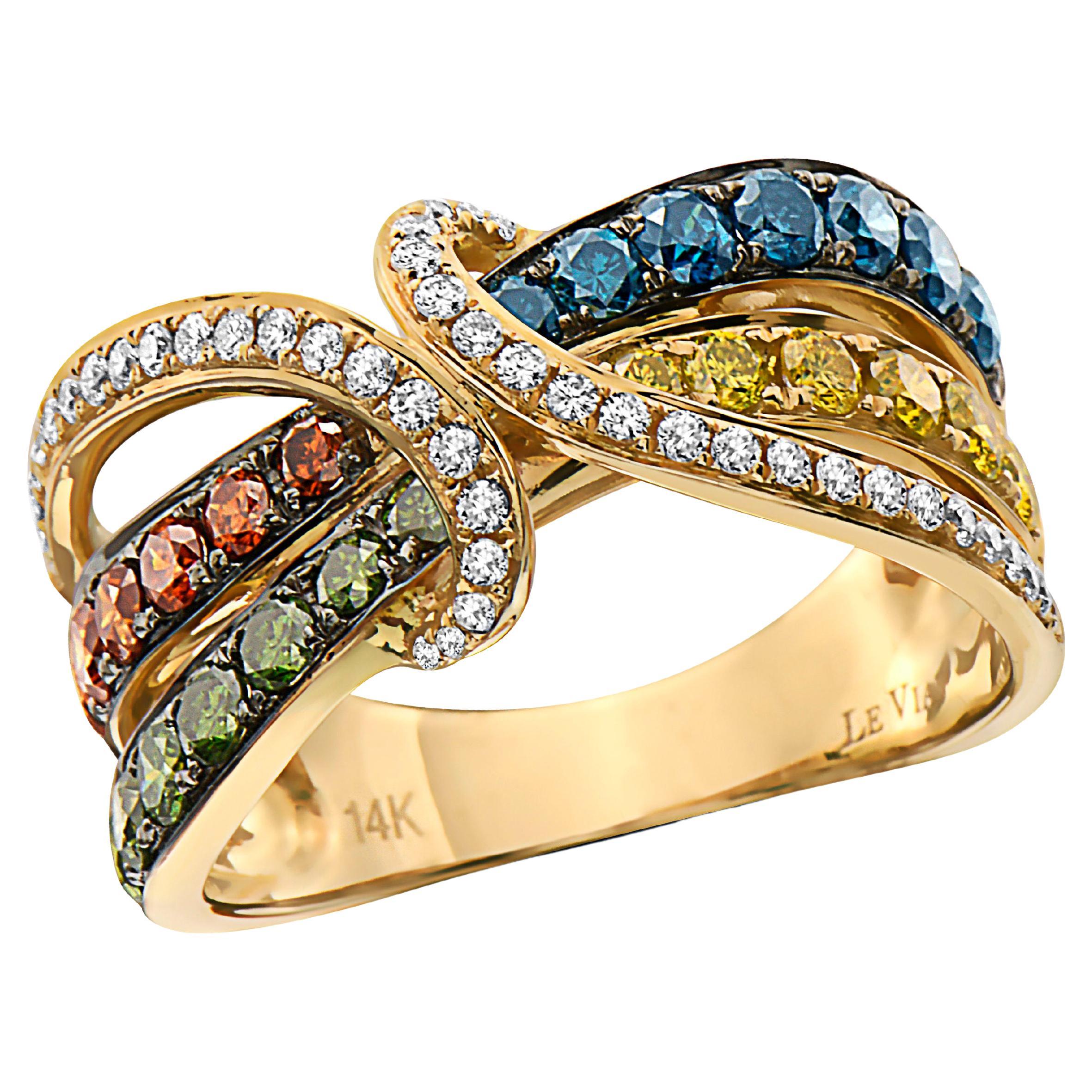 LeVian Ring 1 1/4 Cts Blue Red and White Natural Diamonds Set in 14K Yellow Gold