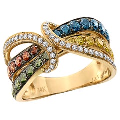 LeVian Ring 1 1/4 Cts Blue Red and White Natural Diamonds Set in 14K Yellow Gold