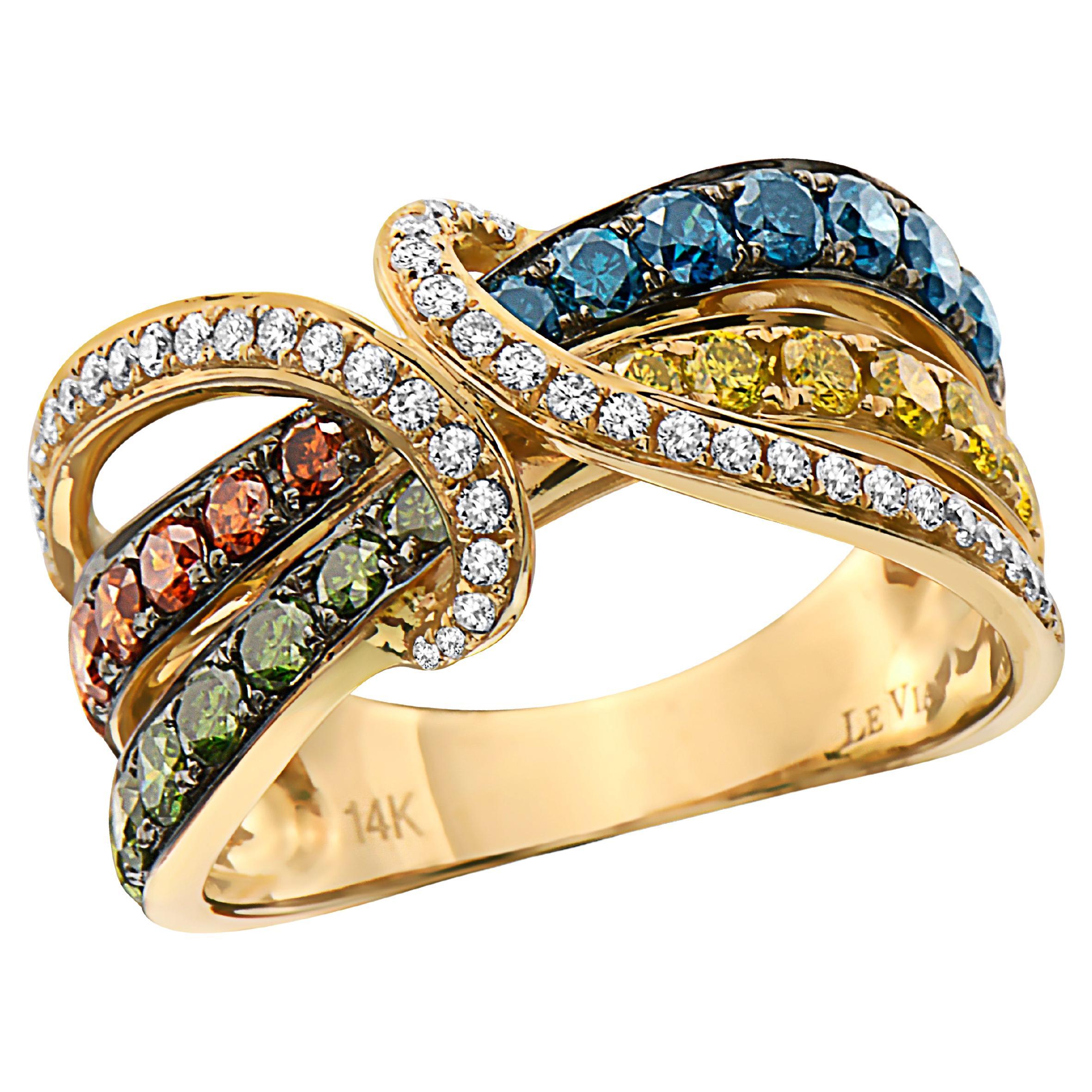 Levian Ring 1 1/4 Cts Blue Red and White Natural Diamonds Set in 14K Yellow Gold For Sale
