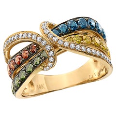 Levian Ring 1 1/4 Cts Blue Red and White Natural Diamonds Set in 14K Yellow Gold