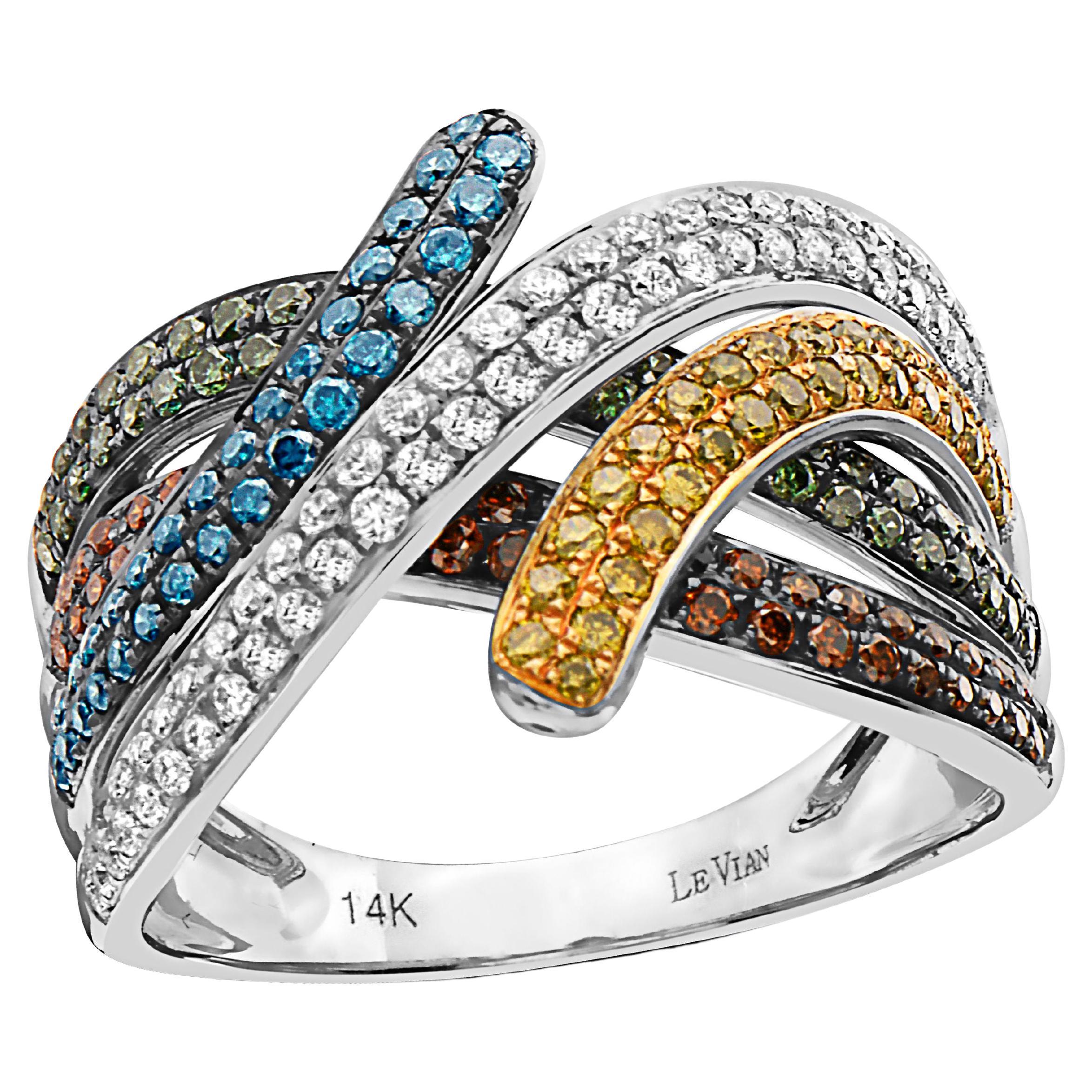 LeVian Ring 1 1/8 Karat rote, blaue und weiße natürliche Diamanten in 14 Karat Weißgold gefasst