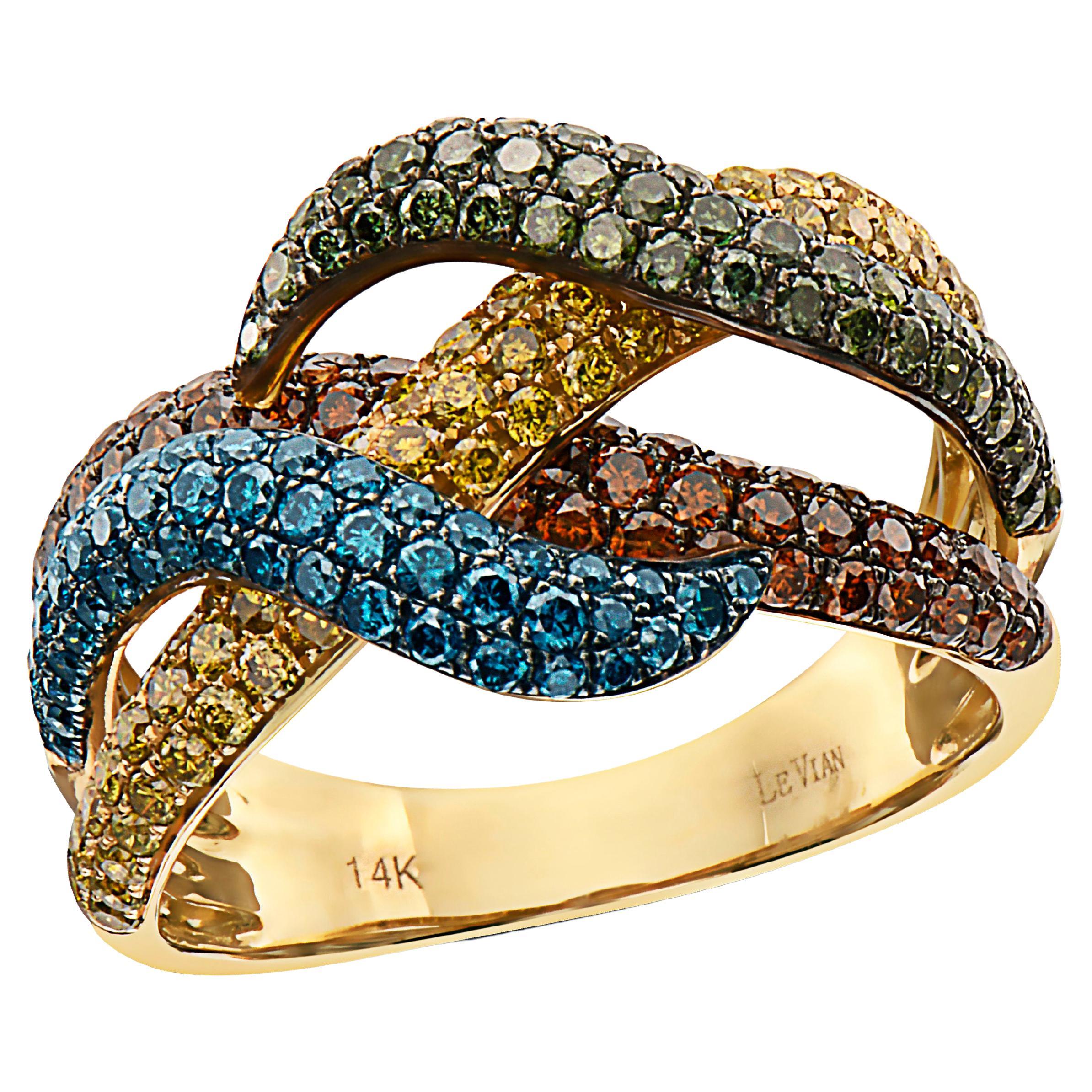 LeVian Ring 1 7/8 Cts Red Yellow Blue Green Natural Diamonds, in 14K Yellow Gold For Sale