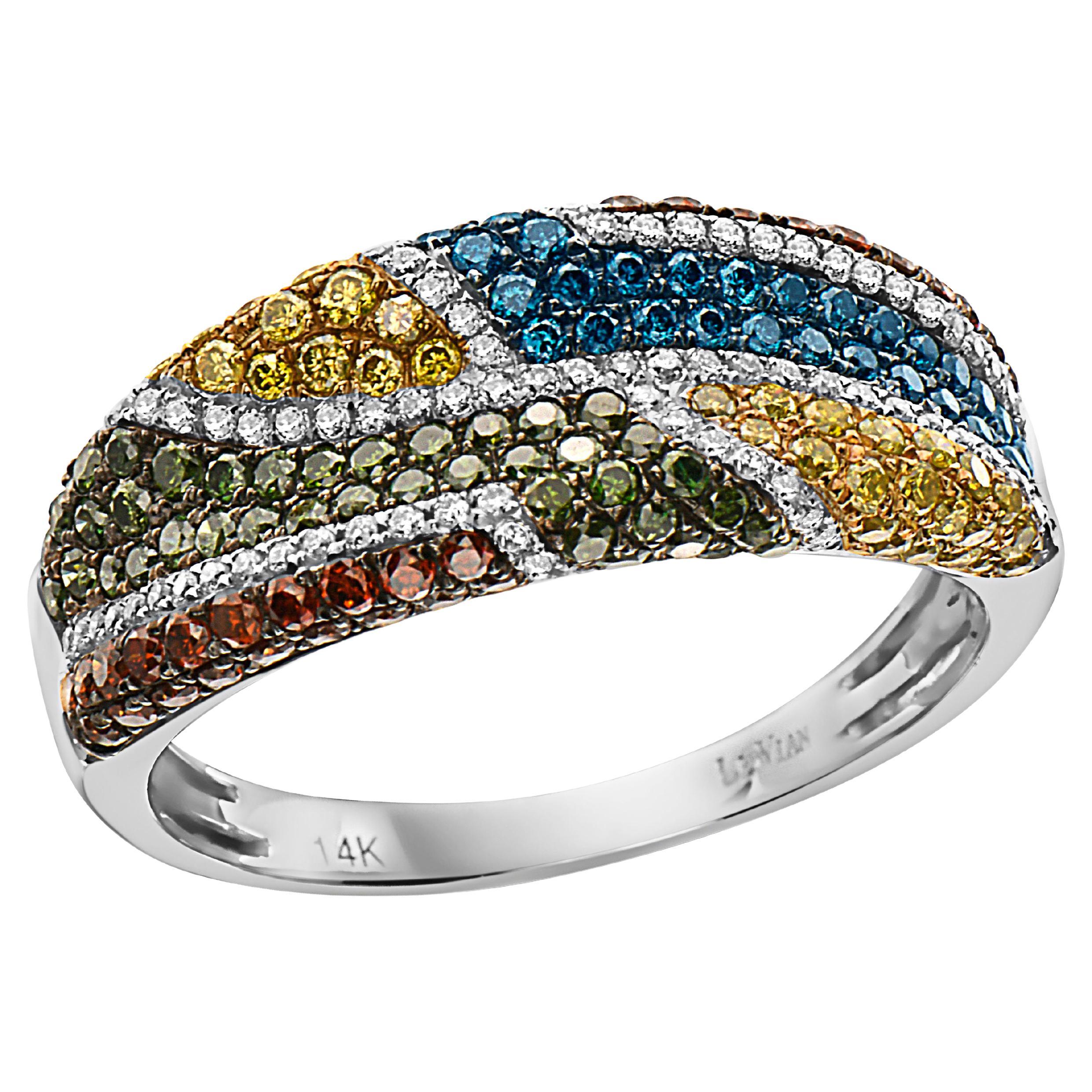 LeVian Ring 1 cts Blue, Red, and White H SI1 Natural Diamonds, in 14K White Gold For Sale