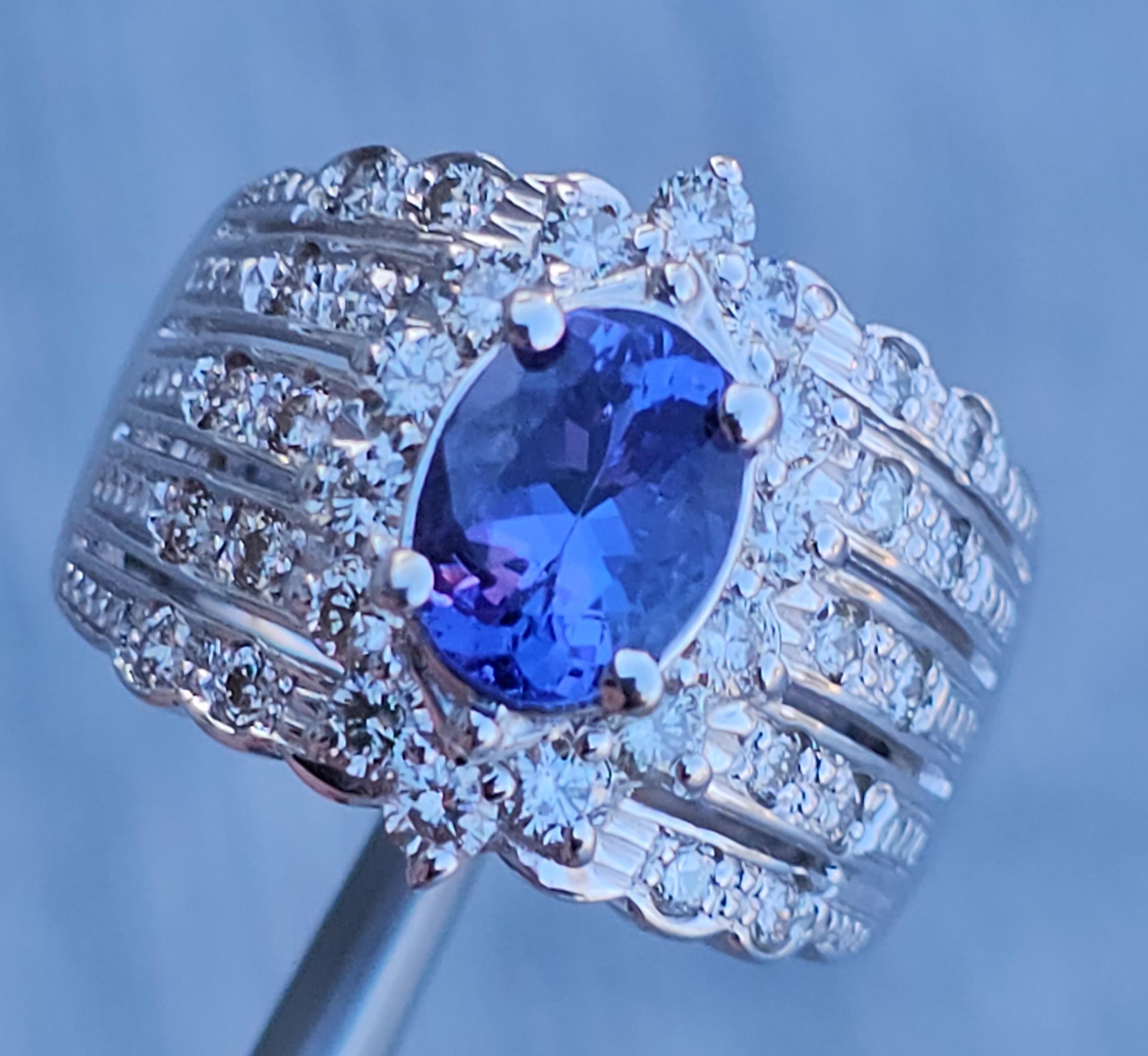 Oval Cut Levian Ring 18k White Gold Oval Tanzanite Chocolate Diamonds Wide Band size 7.25 For Sale