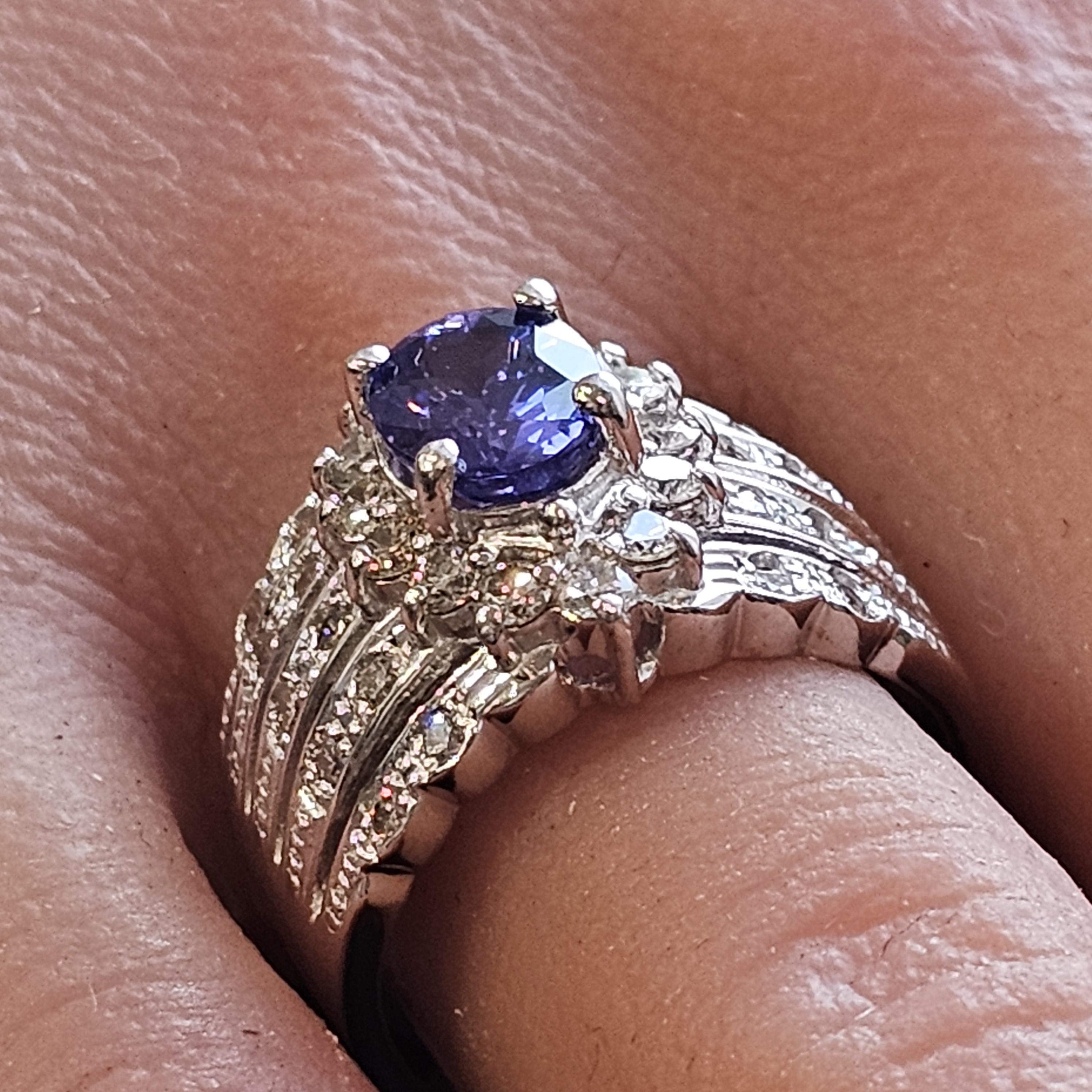 Levian Ring 18k White Gold Oval Tanzanite Chocolate Diamonds Wide Band size 7.25 In Good Condition For Sale In Northbrook, IL