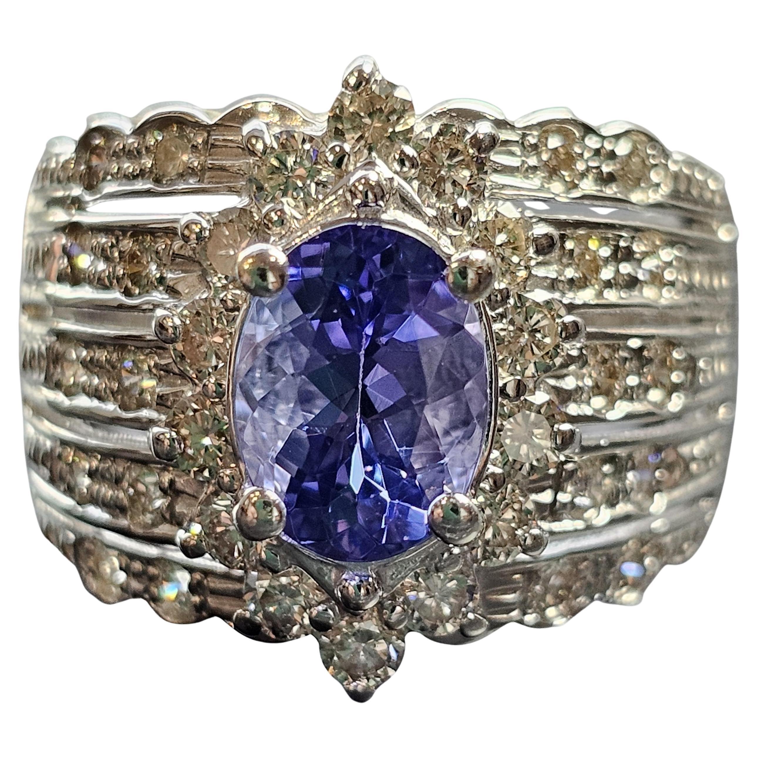 Anillo Leviano Oro Blanco 18k Oval Tanzanita Chocolate Diamantes Banda Ancha talla 7.25