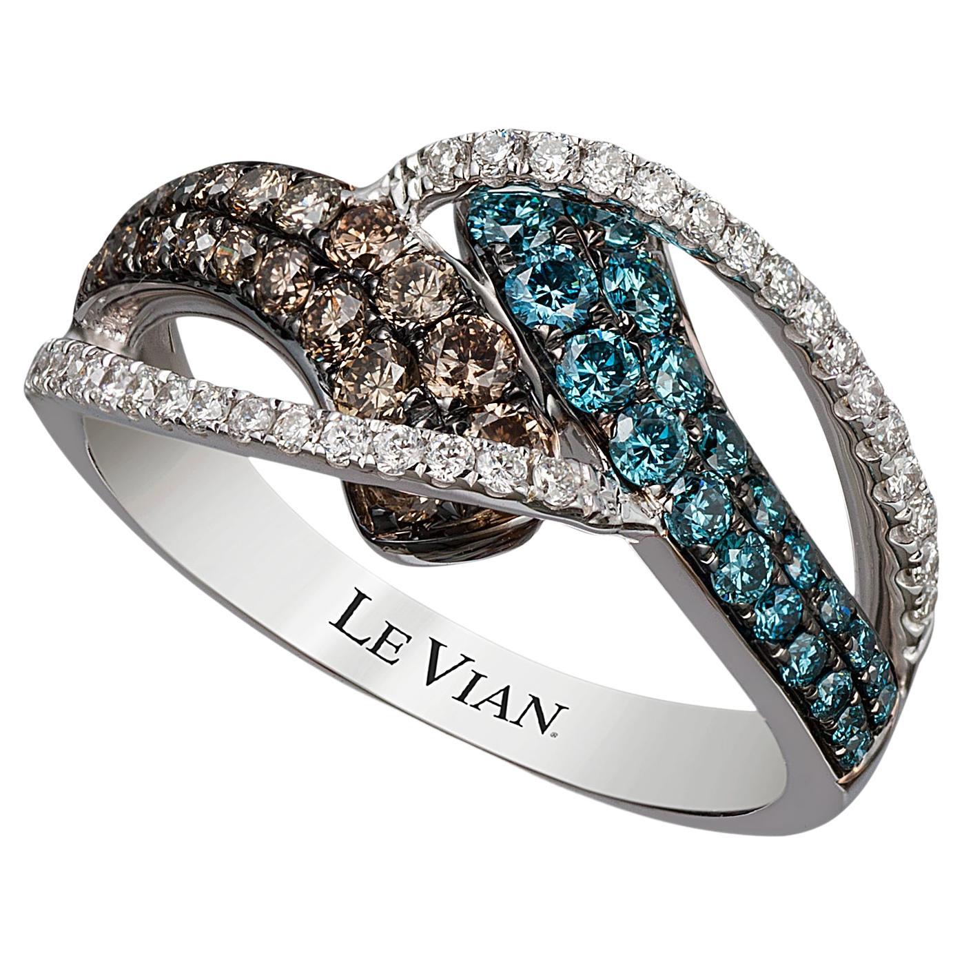 Levianischer Ring, 7 8 Karat blaue, schokoladenbraune, weiße natürliche Diamanten in 14K Weißgold
