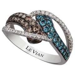 Levianischer Ring, 7 8 Karat blaue, schokoladenbraune, weiße natürliche Diamanten in 14K Weißgold