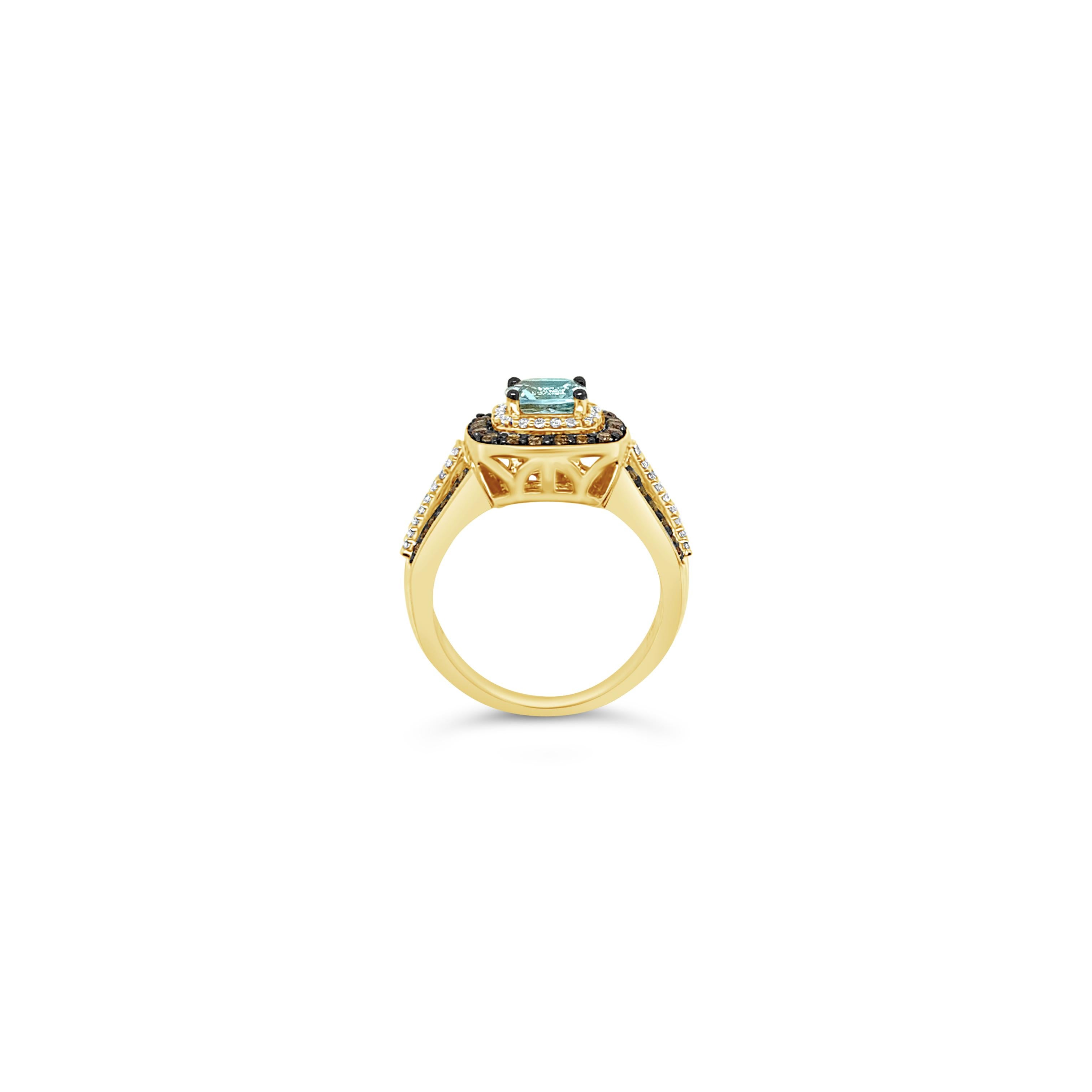 Le Vian® Ring featuring 0.86 cts. Sea Blue Aquamarine®, 0.39 cts. Chocolate Diamonds® , 0.17 cts. Vanilla Diamonds® set in 14K Honey Gold

Diamonds Breakdown:
.39 cts Brown Diamonds
.17 cts White Diamonds

Gems Breakdown:
.86 cts Aquamarine

Ring