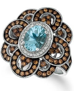 LeVian Ring Aquamarine Chocolate Diamonds Vanilla Diamonds 14K Vanilla Gold
