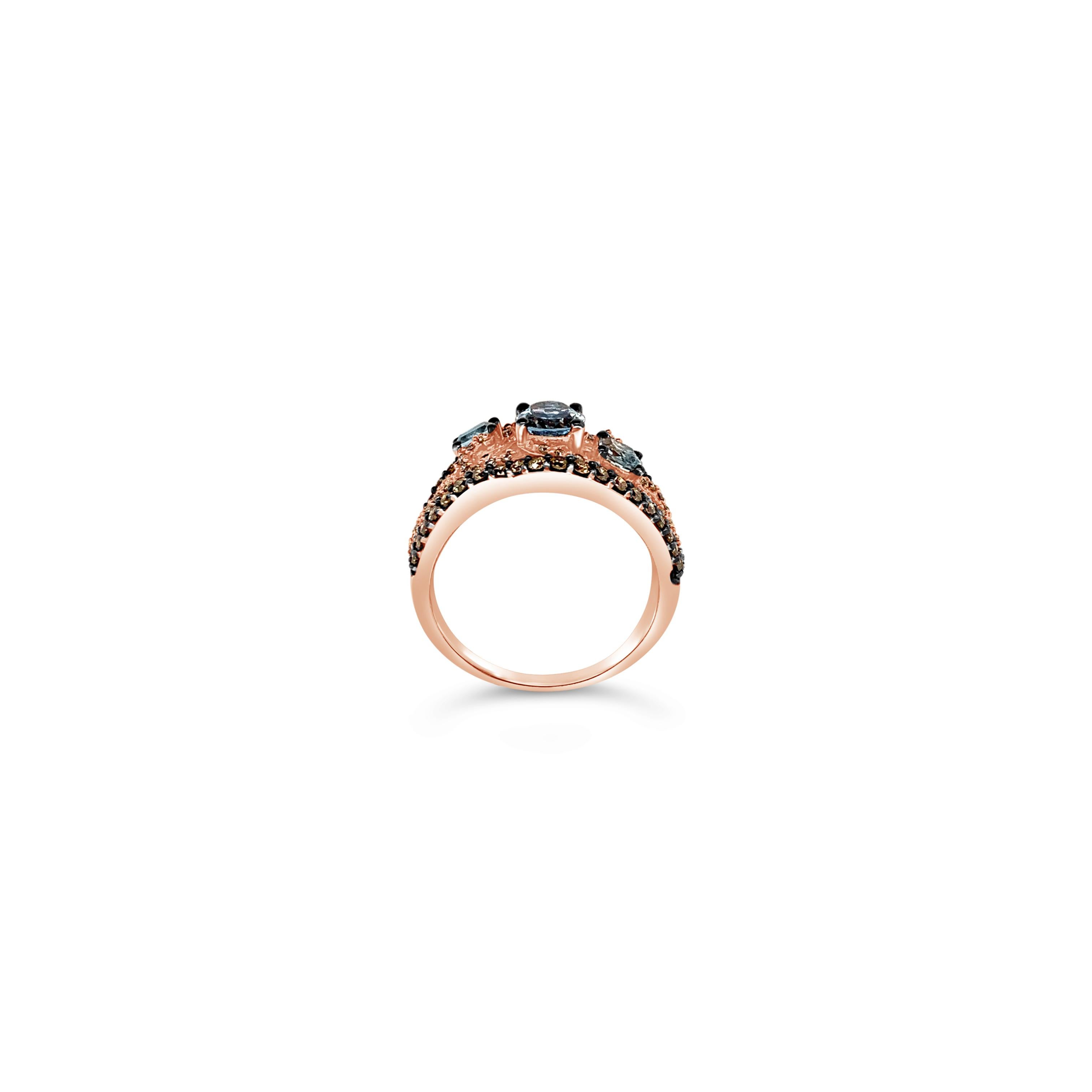 Le Vian® Ring featuring 1.64 cts. Sea Blue Aquamarine®, 0.70 cts. Chocolate Diamonds® , 0.37 cts. Vanilla Diamonds® set in 14K Strawberry Gold®

Diamonds Breakdown:
.70 cts Brown Diamonds
.37 cts White Diamonds

Gems Breakdown:
1.64 cts