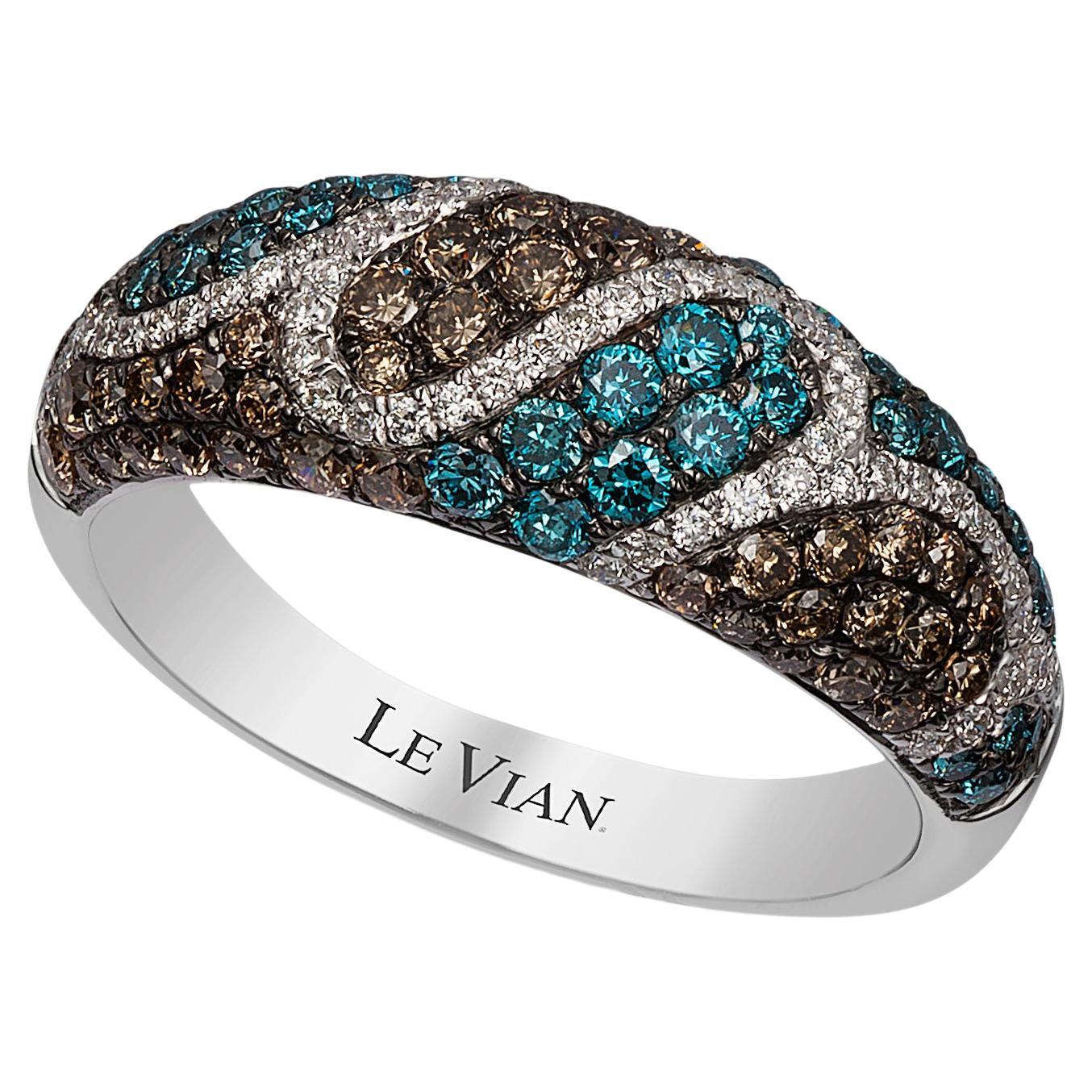 LeVian Ring Blue, Chocolate, and White Diamonds Set in 14K White Gold For Sale