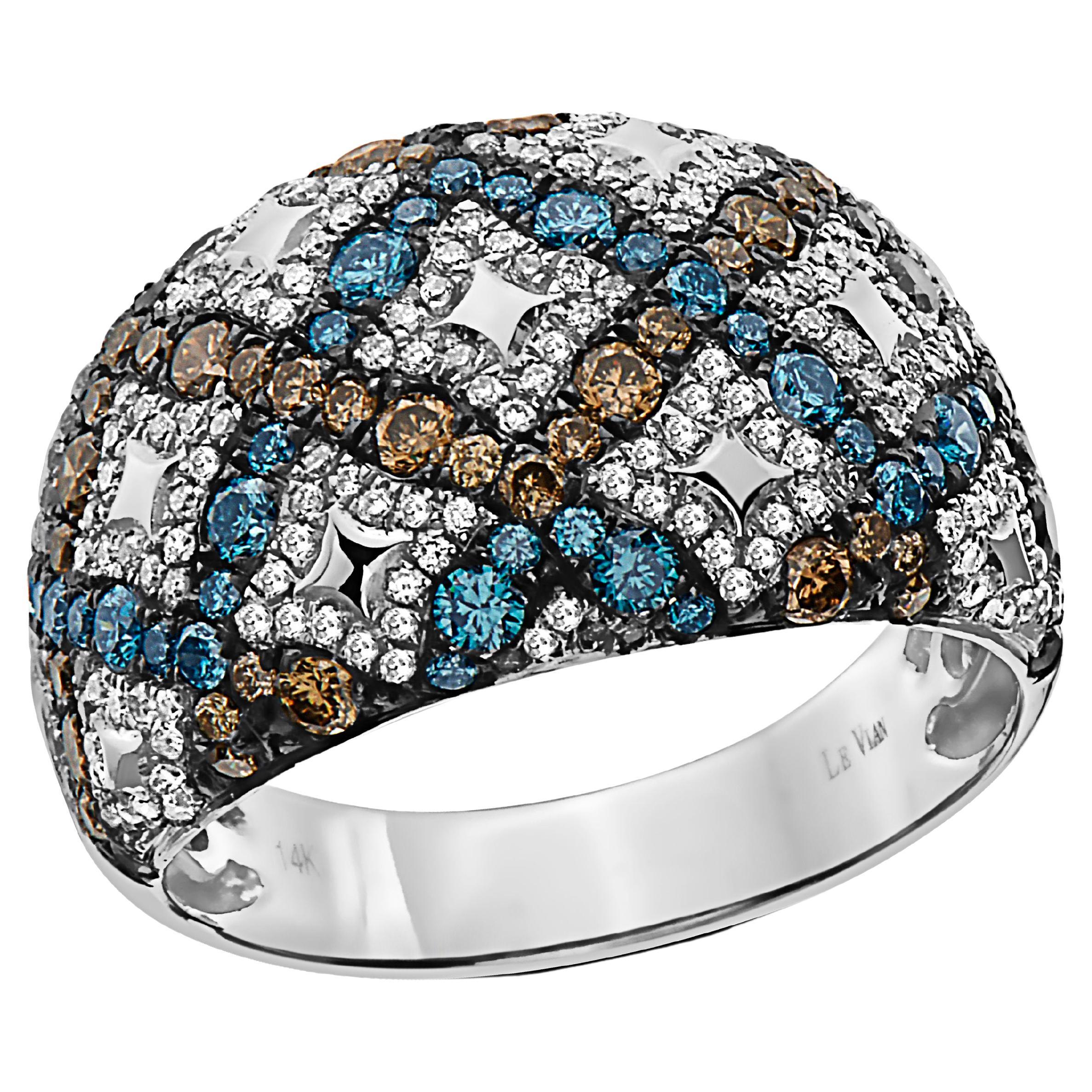 LeVian Ring Blue, Chocolate, and White Diamonds, Set in 14K White Gold For Sale