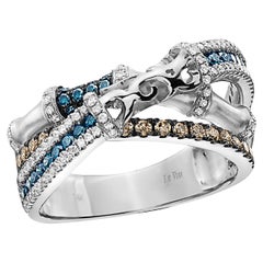 Levianischer Ring Blaue Diamanten Schokoladen- und Weißdiamanten, gefasst in 14K Weißgold