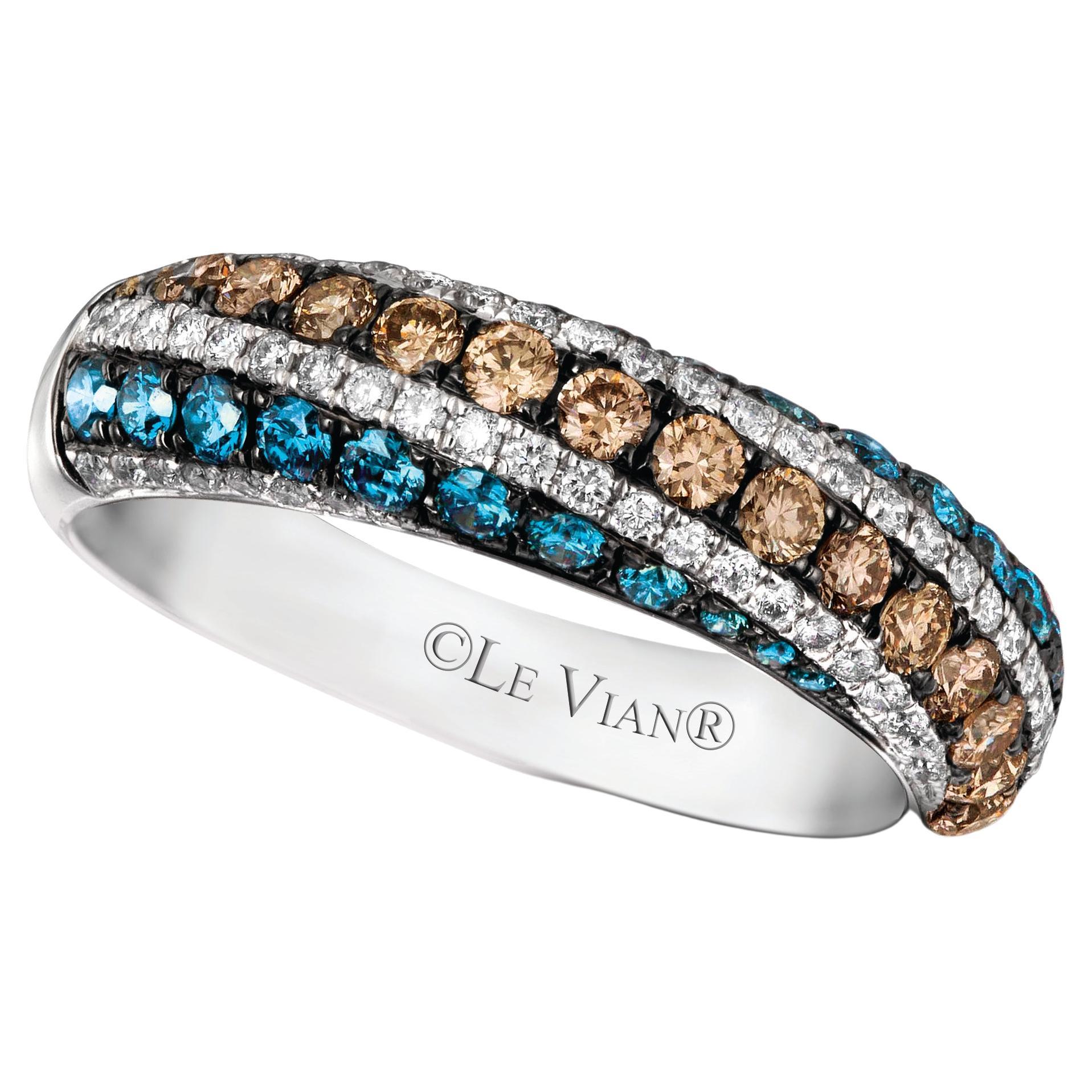 Levianischer Ring Blaue Diamanten Schokolade und weiße Diamanten in 14K Weißgold gefasst
