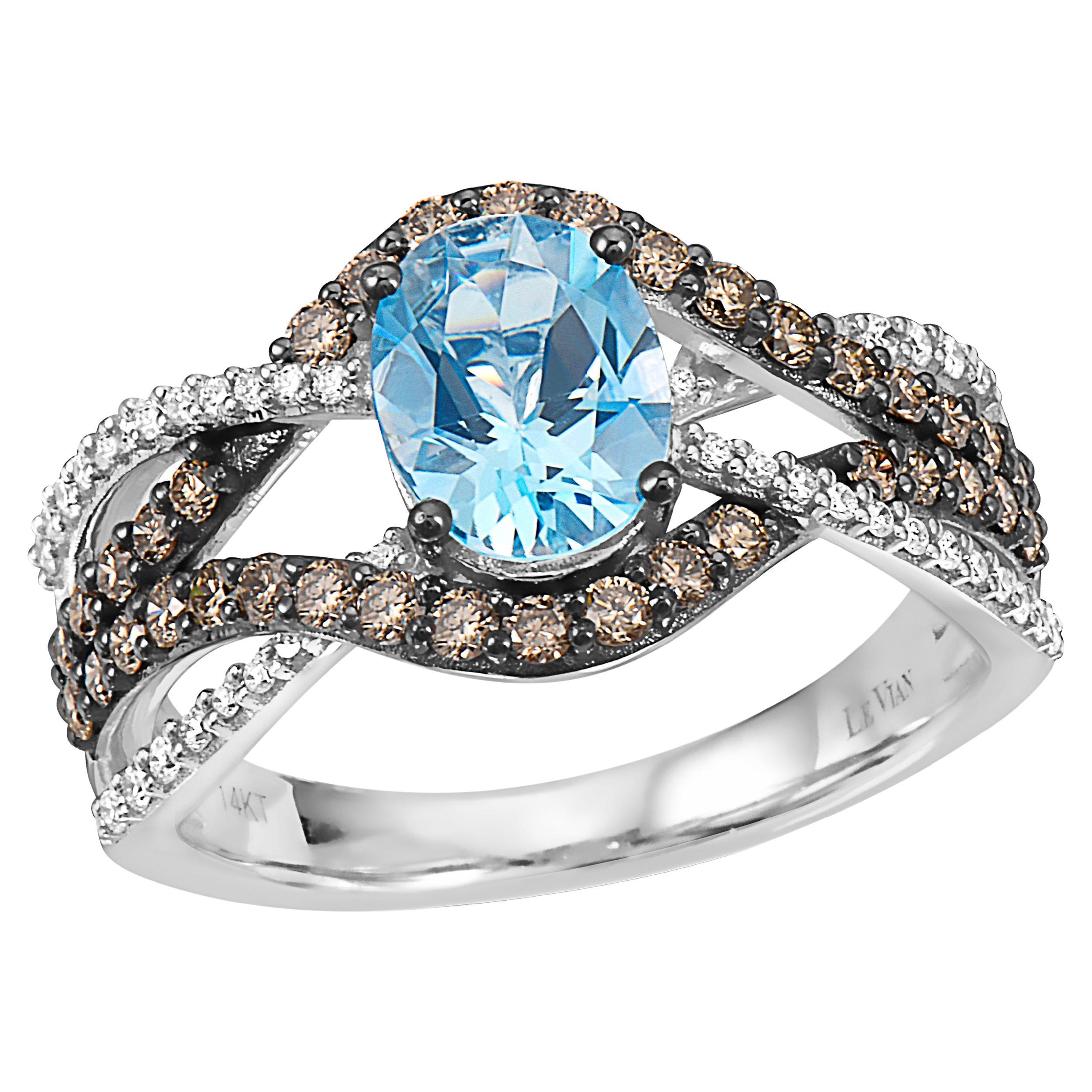 LeVian Ring Blue Topaz Chocolate & White Diamond in 14K White Gold For Sale