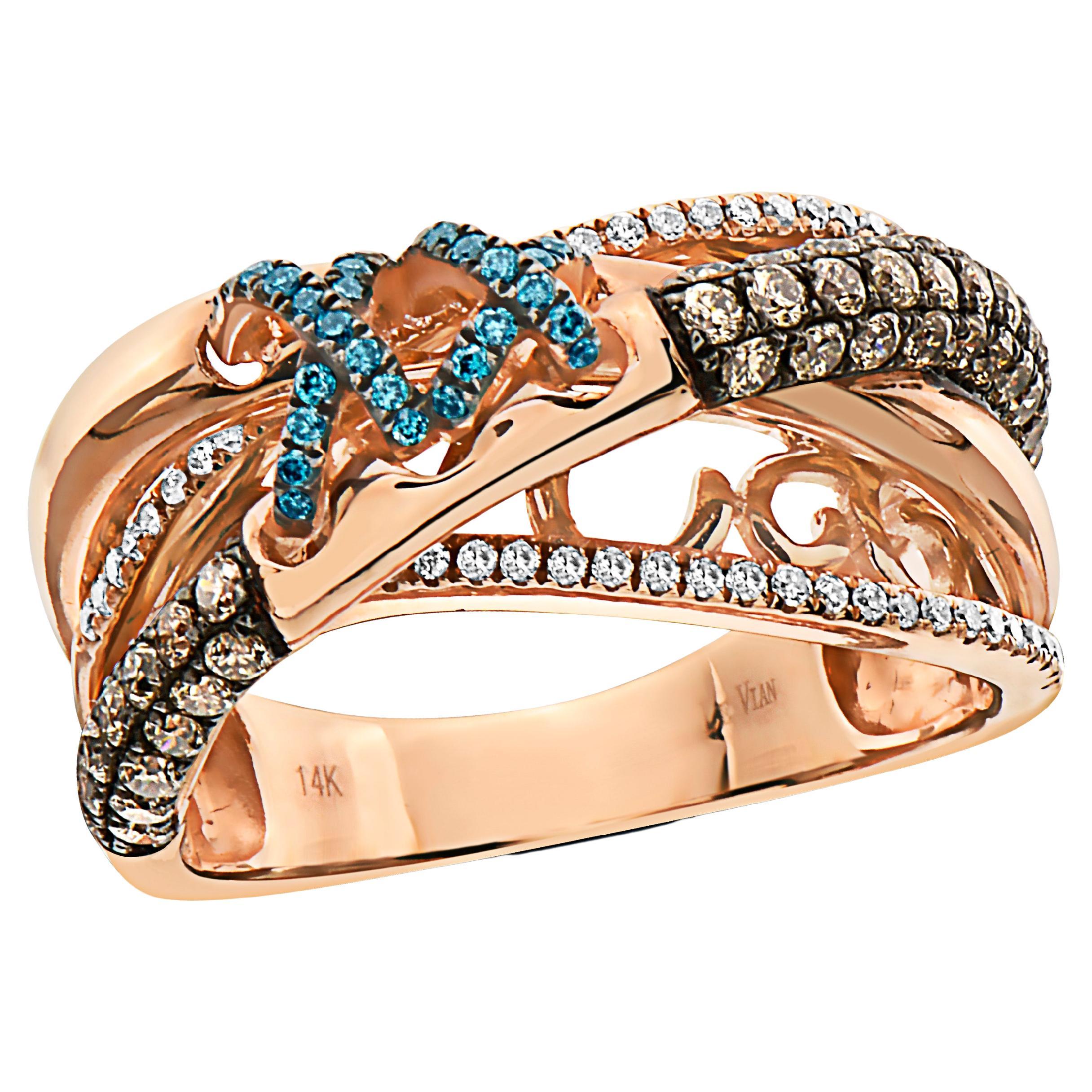 Levian Ring Chocolate Blue and White Diamonds Set in 14K Rose Gold For Sale