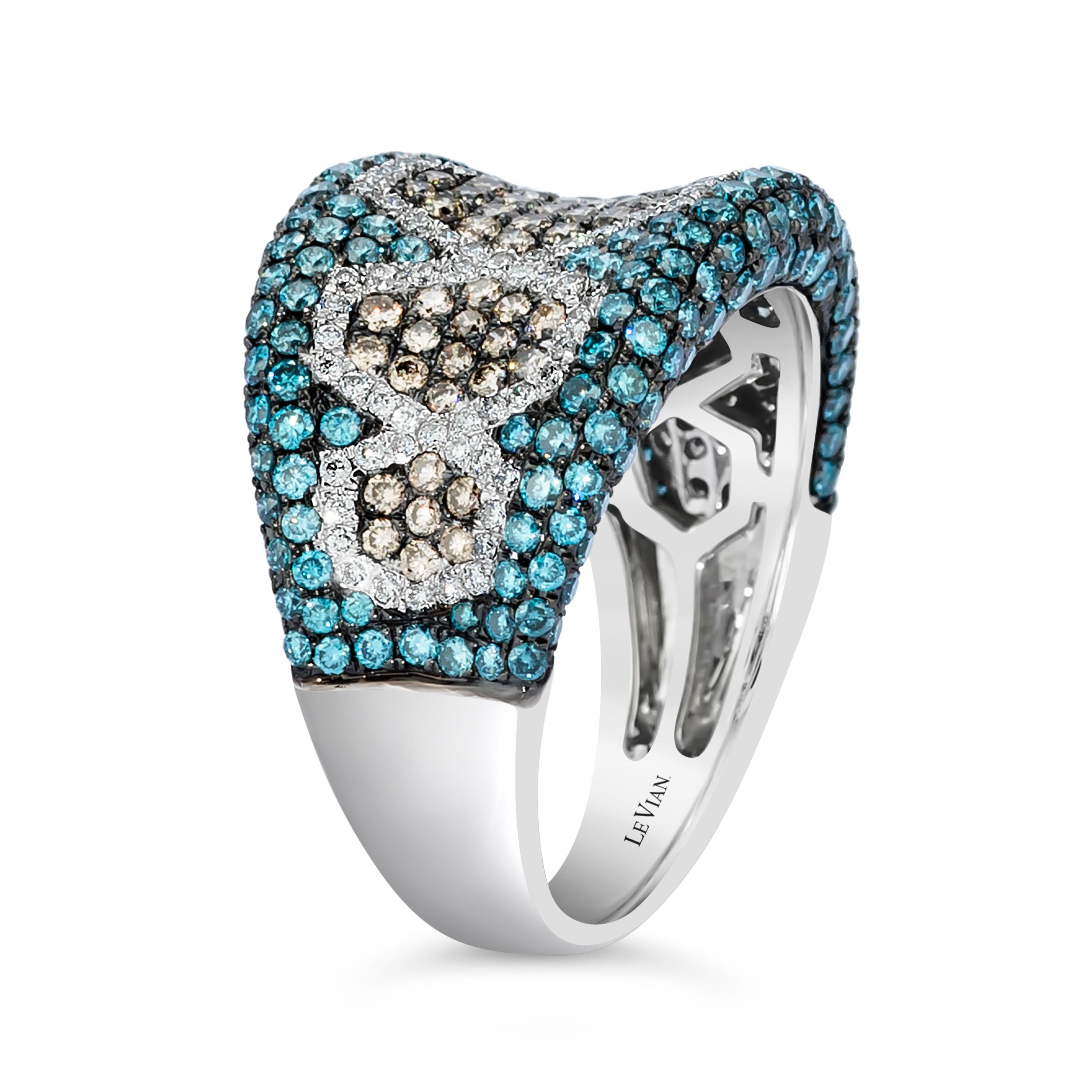 Round Cut LeVian Ring Chocolate, Blue, and White Diamonds Set in 14K White Gold For Sale