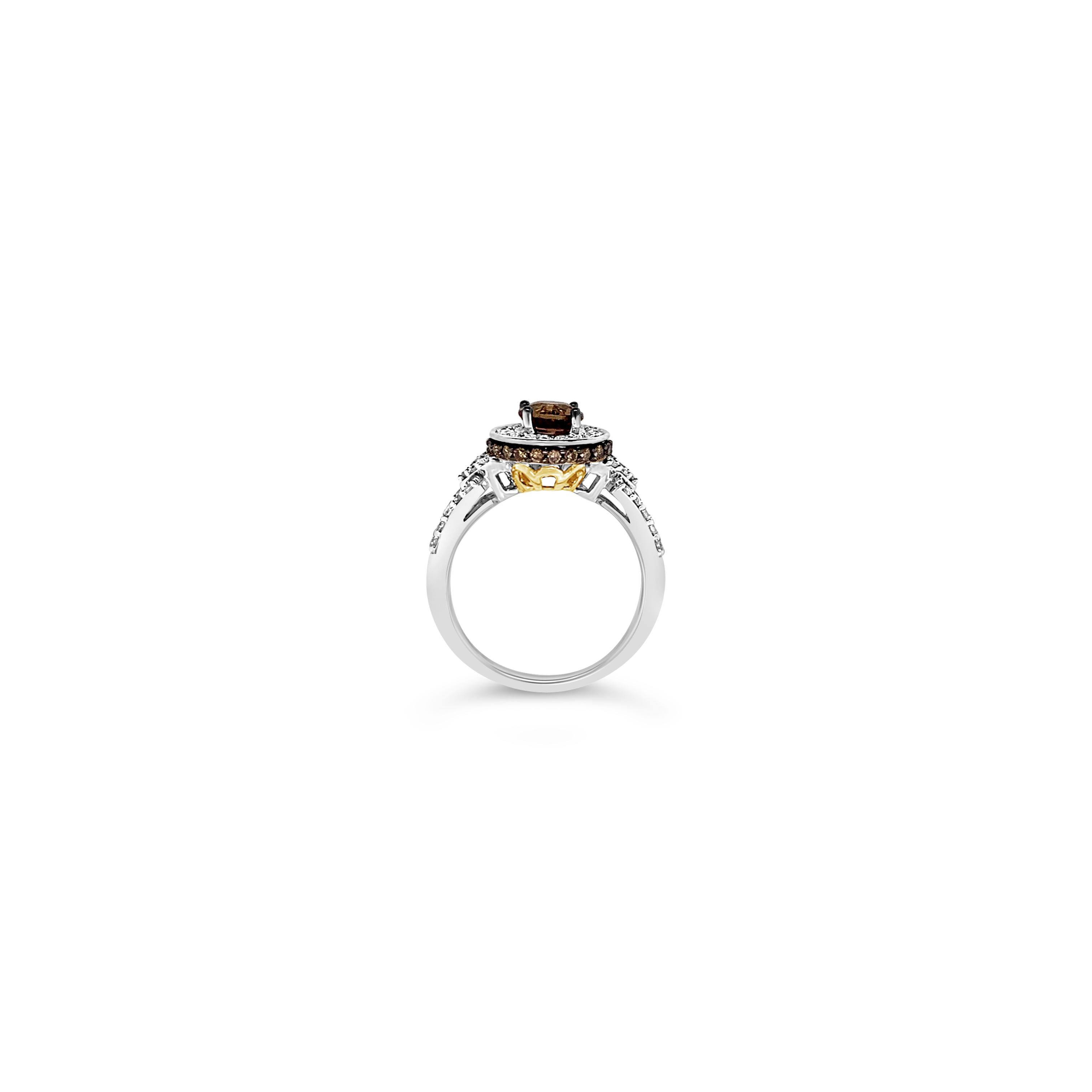 Le Vian Bridal® Ring featuring 0.98 cts. Fancy Sapphire, 0.47 cts. Vanilla Diamonds® , 0.21 cts. Chocolate Diamonds® set in 14K Two Tone Gold

Diamonds Breakdown:
.47 cts White Diamonds
.21 cts Brown Diamonds

Gems Breakdown:
.98 cts Fancy