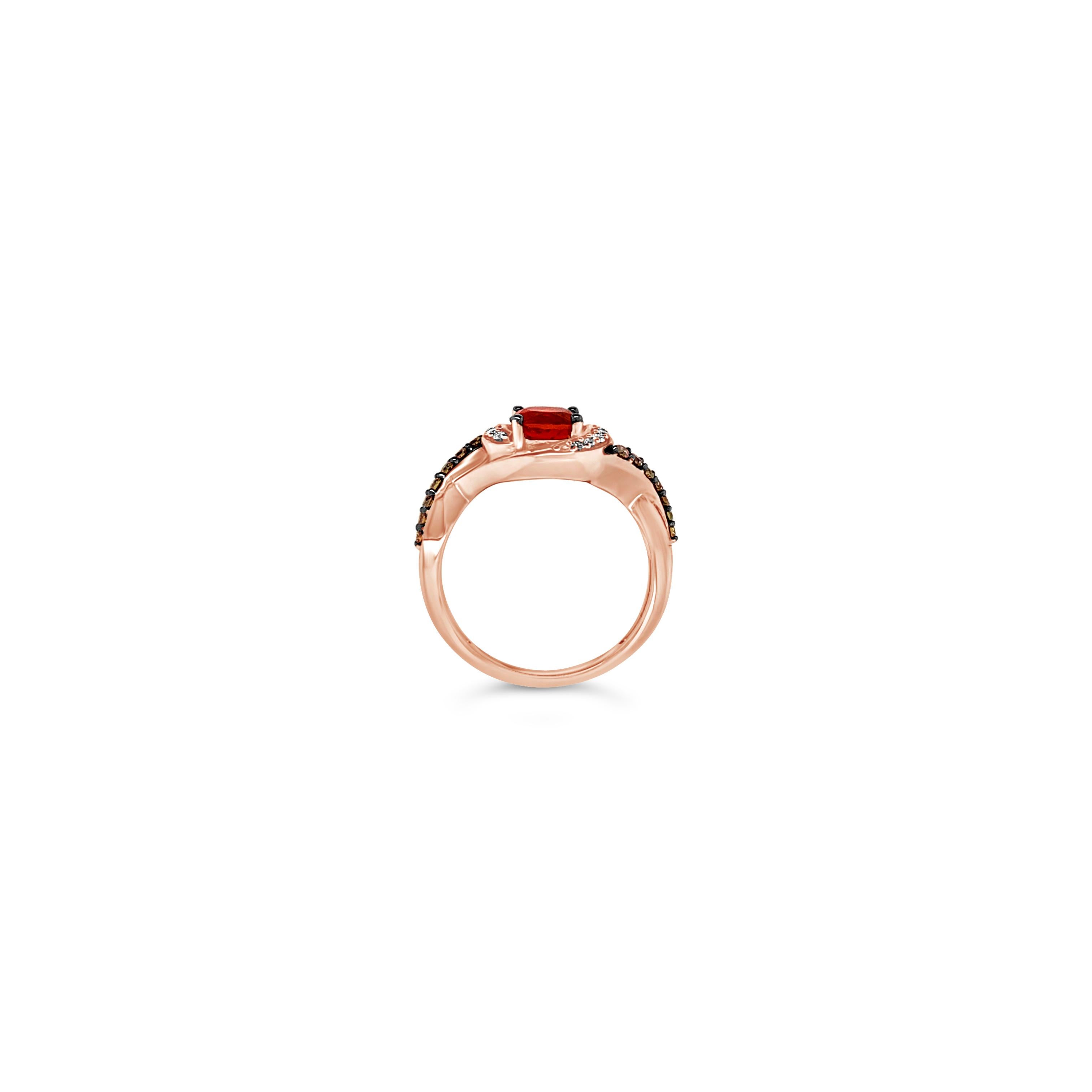 Le Vian Chocolatier® Ring featuring 0.45 cts. Neon Tangerine Fire Opal®, 0.17 cts. Chocolate Diamonds® , 0.08 cts. Vanilla Diamonds® set in 14K Strawberry Gold®

Diamonds Breakdown:
.17 cts Brown Diamonds
.08 cts White Diamonds

Gems Breakdown:
.45