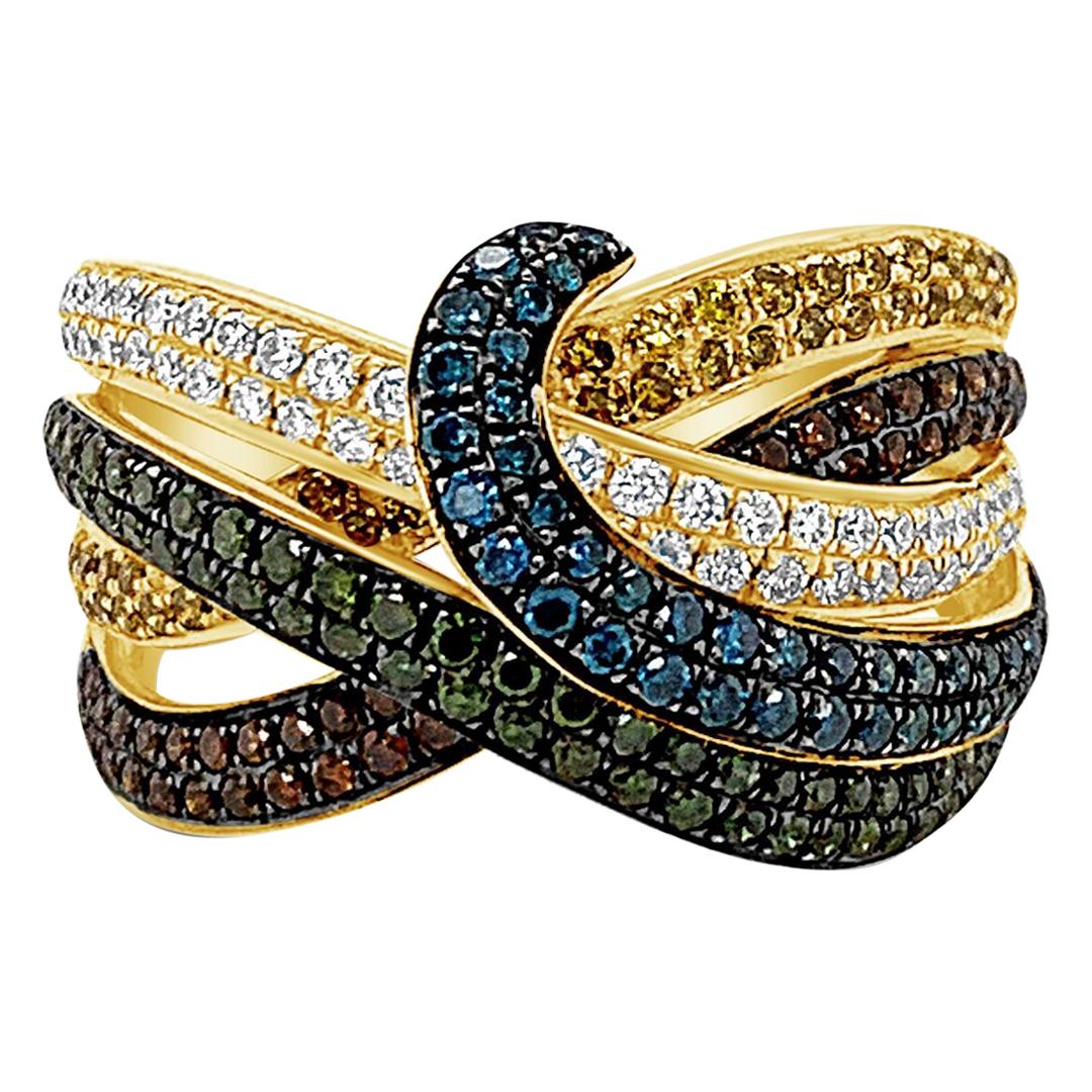 LeVian Ring, Green, Red and White Fancy Diamonds Set in 14 Karat Yellow Gold For Sale