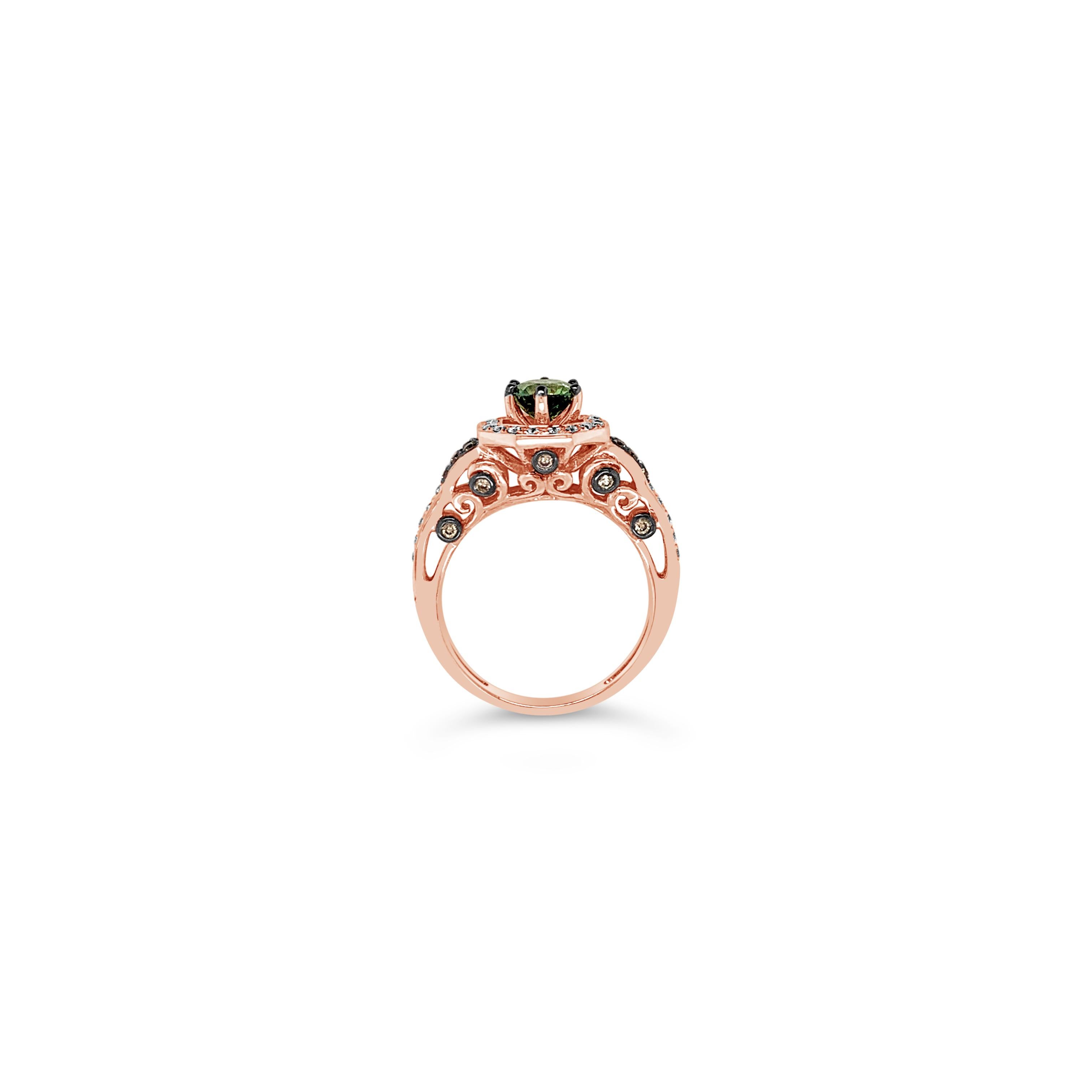 Le Vian Bridal® Ring featuring 0.94 cts. Green Sapphire, 0.23 cts. Chocolate Diamonds® , 0.31 cts. Vanilla Diamonds® set in 14K Strawberry Gold®

Diamonds Breakdown:
.31 cts White Diamonds
.23 cts Brown Diamonds

Gems Breakdown:
.94 cts Green