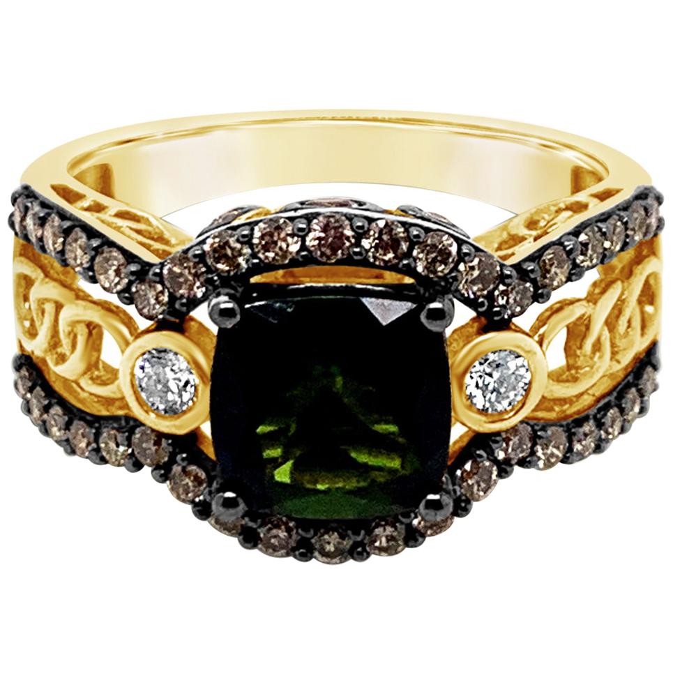 LeVian Ring Green Tourmaline White Diamonds Chocolate Diamonds 14K Green Gold