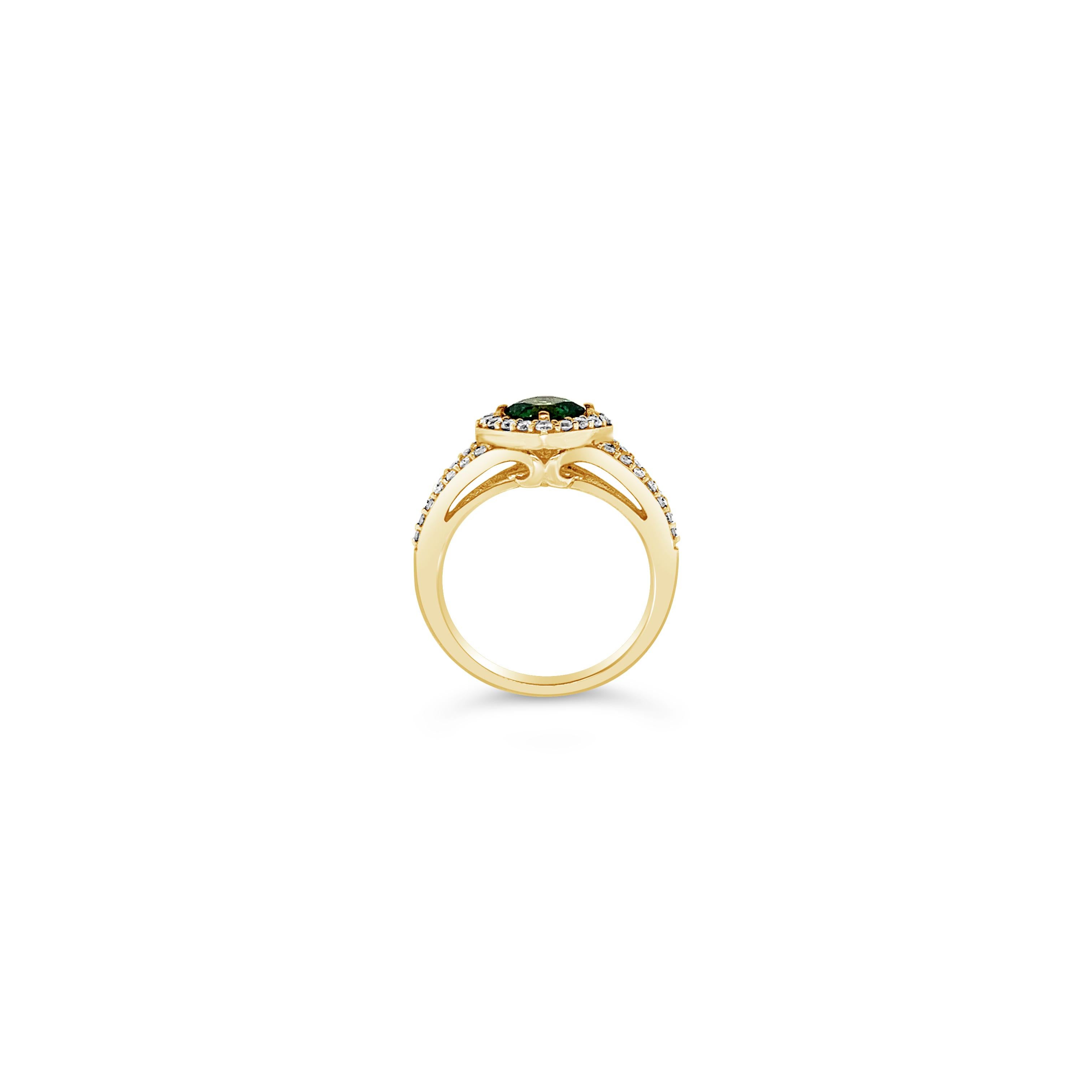 Le Vian® Ring featuring 0.85 cts. Hunters Green Tourmaline, 0.50 cts. Vanilla Diamonds® set in 14K Green Gold

Diamonds Breakdown:
.50 cts White Diamonds

Gems Breakdown:
.85 cts Green Tourmaline

Please feel free to reach out with any