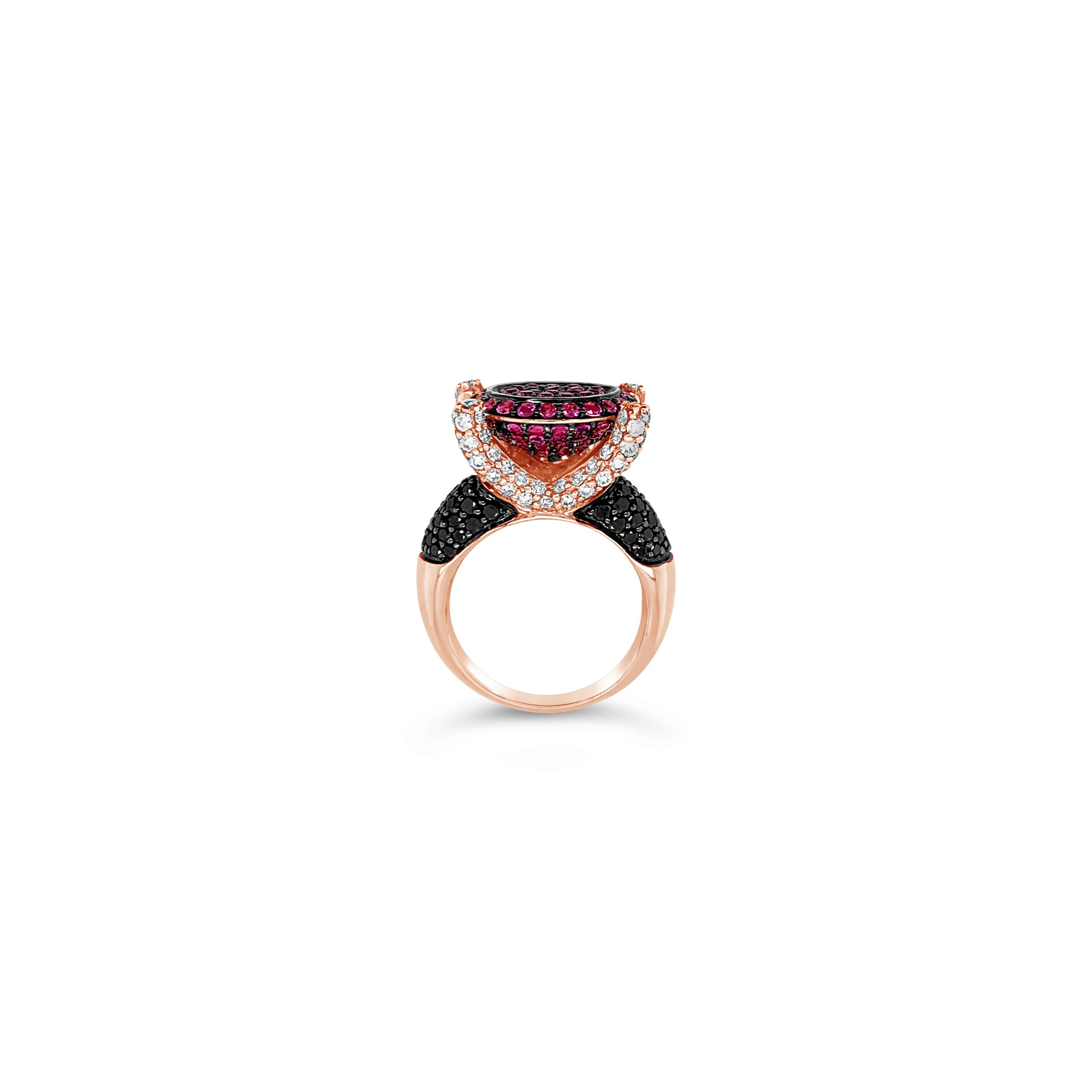 Le Vian® Ring featuring 2.37 cts. Bubble Gum Pink Sapphire, 0.98 cts. Blackberry Diamonds®, 1.21 cts. Vanilla Diamonds® set in 14K Strawberry Gold®

Diamonds Breakdown:
1.21 cts White Diamonds
.98 cts Black Diamonds

Gems Breakdown:
2.37 cts Pink