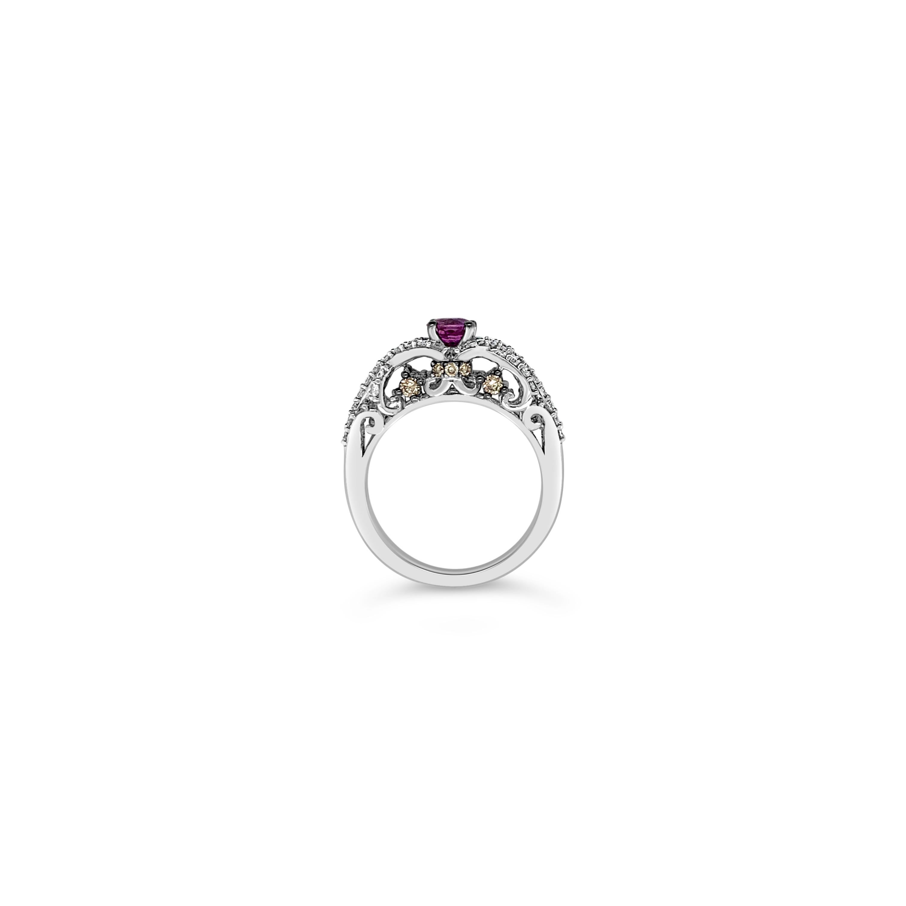 Le Vian Bridal® Ring featuring .58 cts. Purple Sapphire, 0.19 cts. Chocolate Diamonds® , 0.56 cts. Vanilla Diamonds® set in 14K Vanilla Gold®

Diamonds Breakdown:
.56 cts White Diamonds
.19 cts Brown Diamonds

Gems Breakdown:
.58 cts Purple