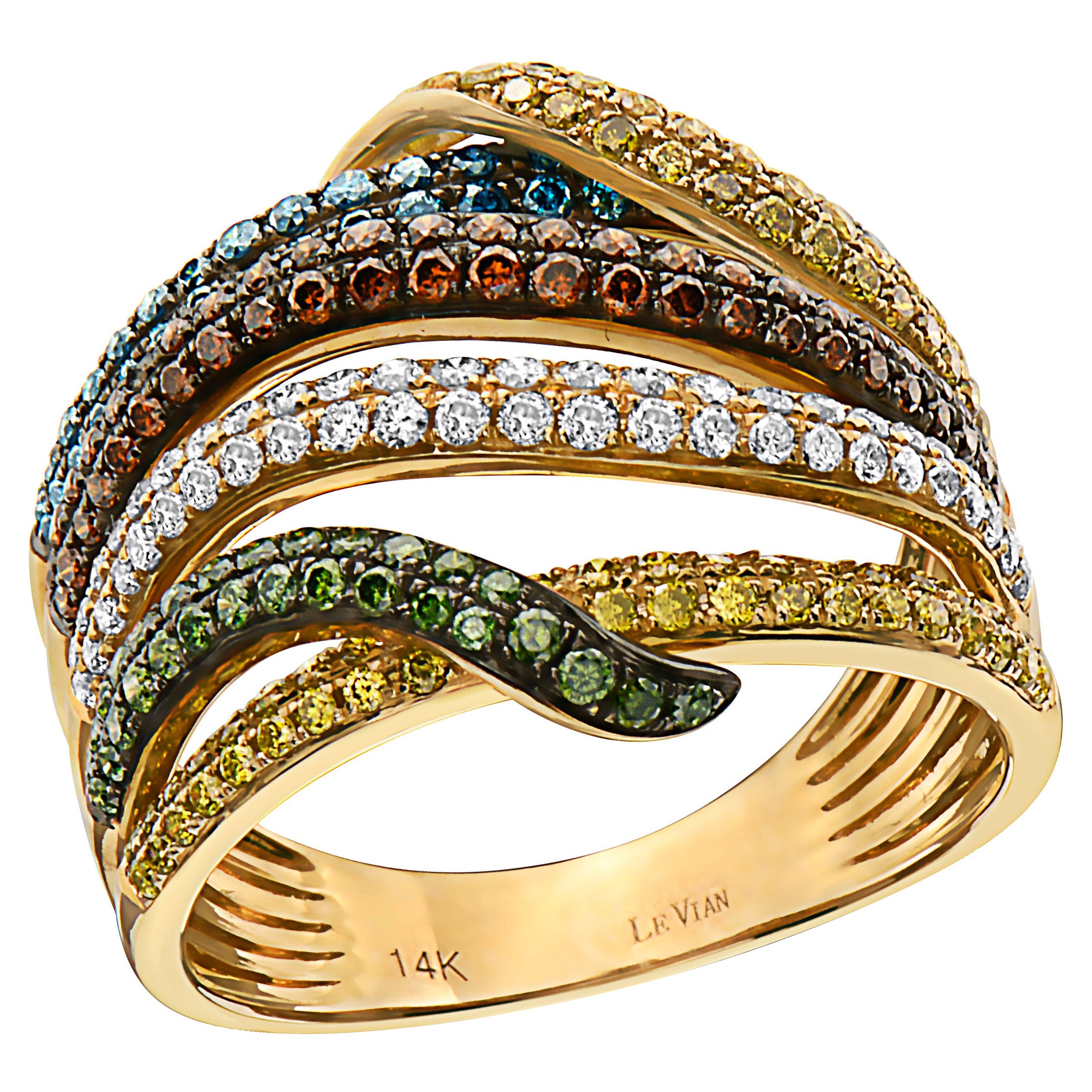 Bague LeVian en or jaune 14 carats avec diamants rouges, jaunes, blancs et de couleur fantaisie
