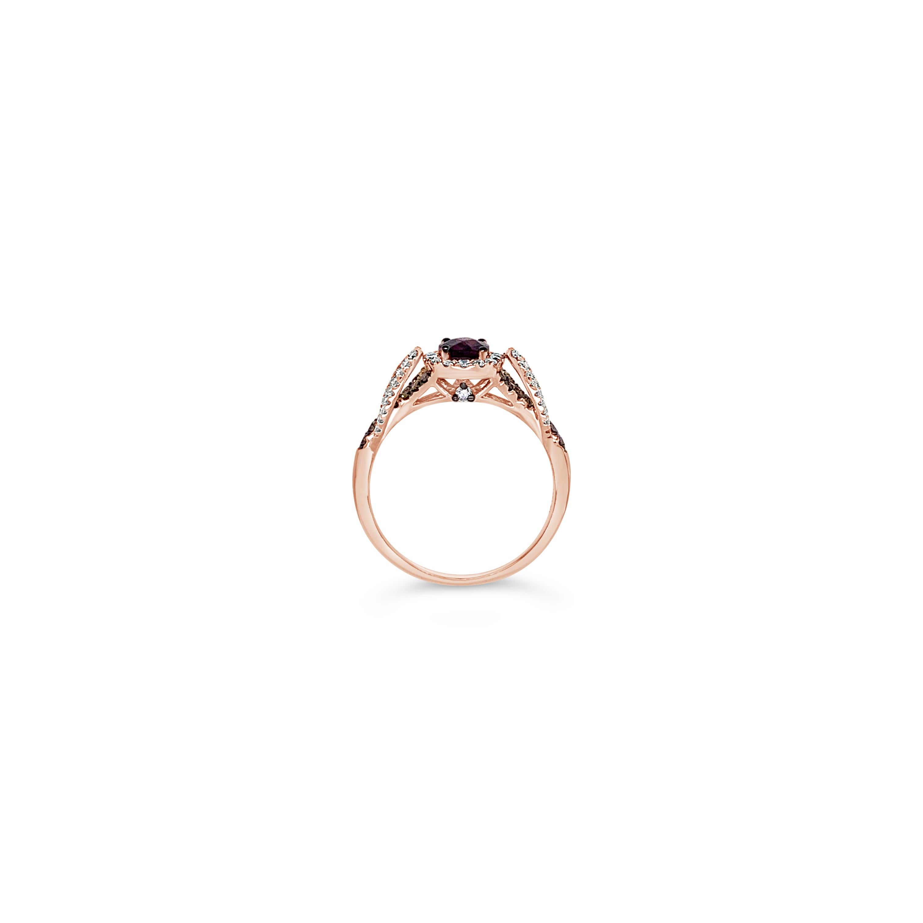 Le Vian Chocolatier® Ring featuring 0.85 cts. Raspberry Rhodolite®, 0.30 cts. Chocolate Diamonds® , 0.31 cts. Vanilla Diamonds® set in 14K Strawberry Gold®

Diamonds Breakdown:
.31 cts White Diamonds
.30 cts Brown Diamonds

Gems Breakdown:
.85 cts