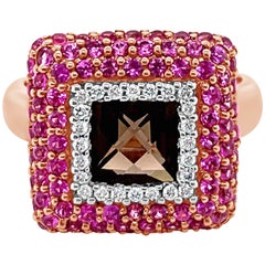 LeVian Ring Smoky Quartz Pink Sapphire Vanilla Diamonds 14K Strawberry Gold