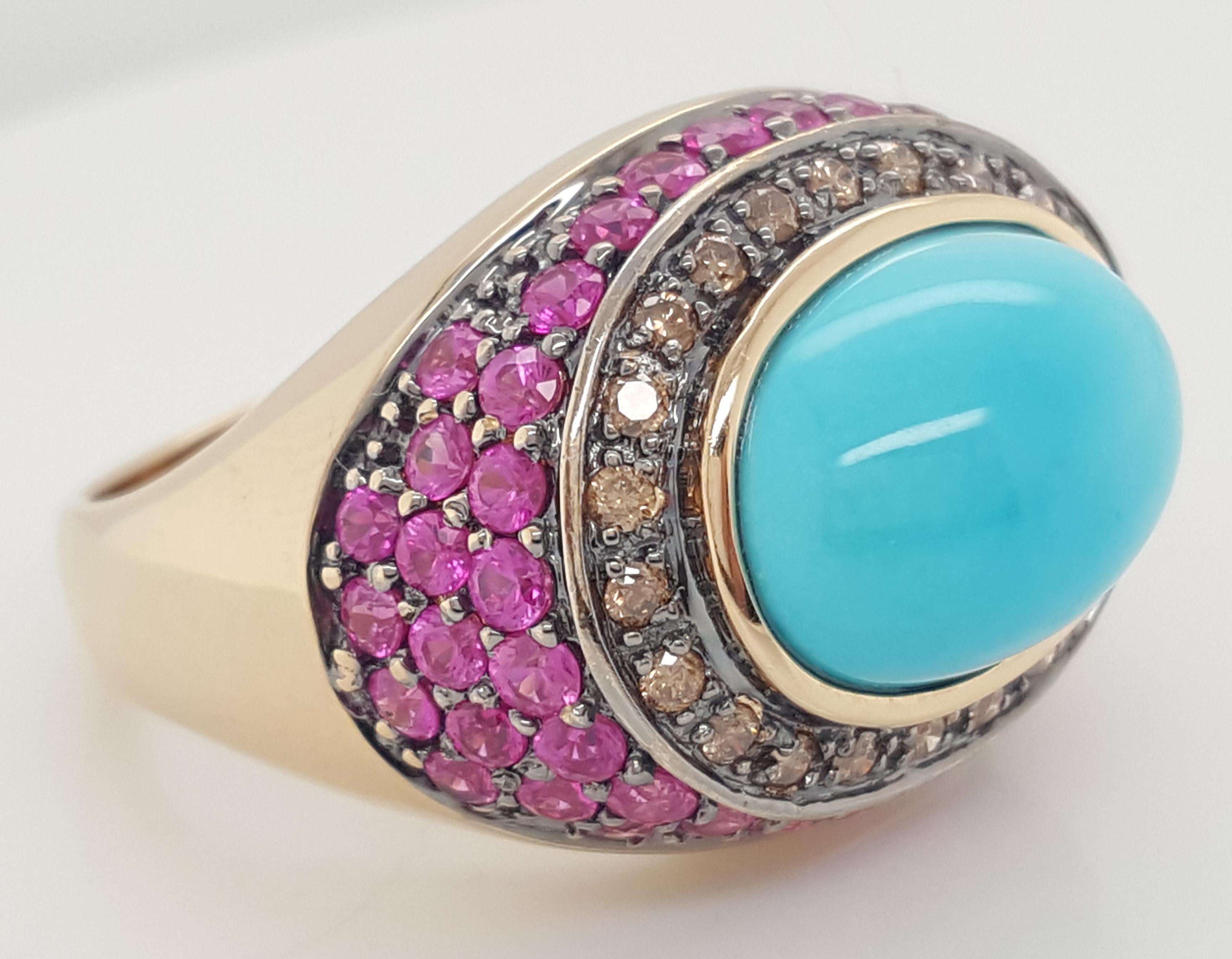 LeVian Robins Egg Blue Turquoise Diamond and Ruby 14 Karat Yellow Gold Ring 3
