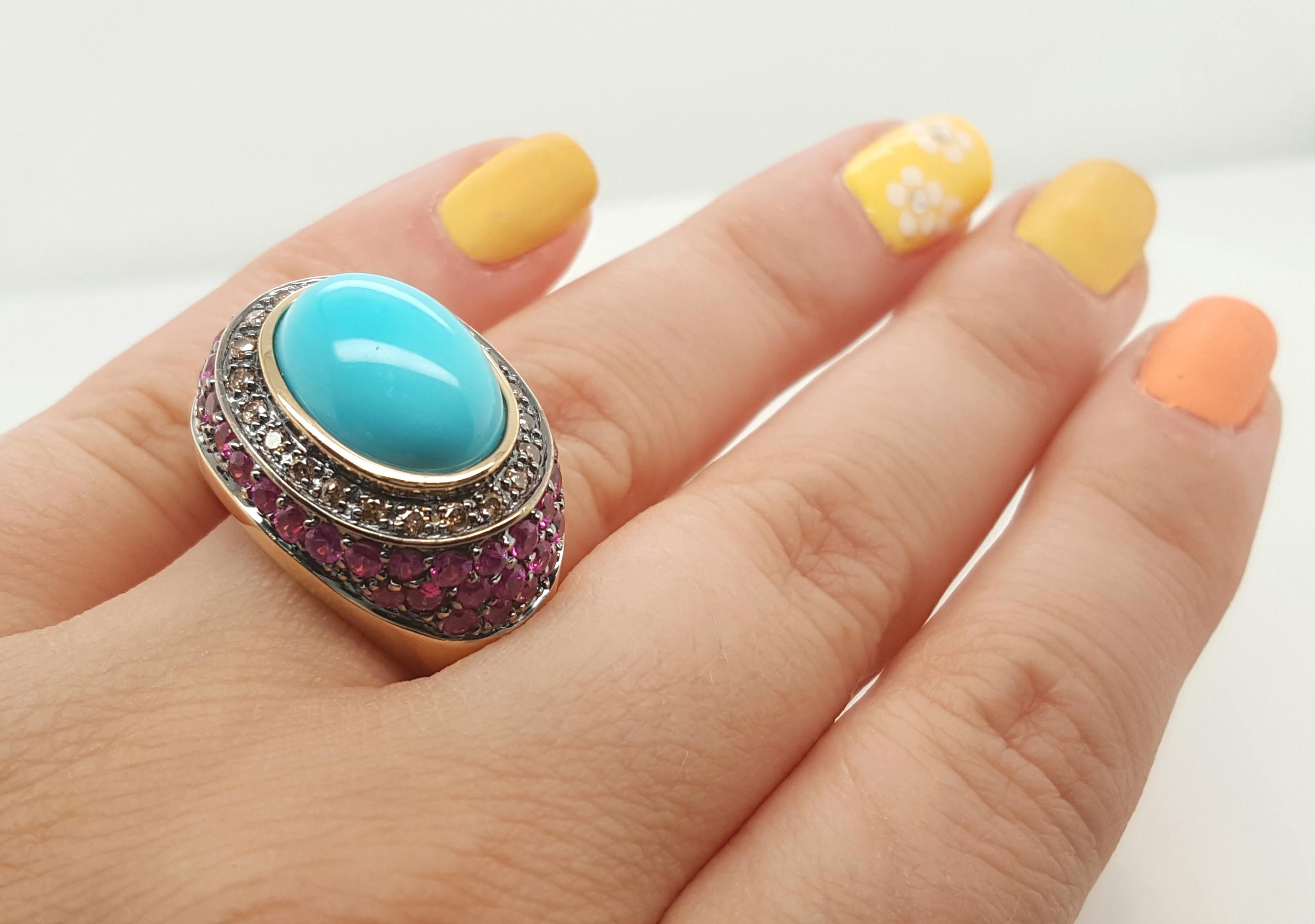 Retro LeVian Robins Egg Blue Turquoise Diamond and Ruby 14 Karat Yellow Gold Ring