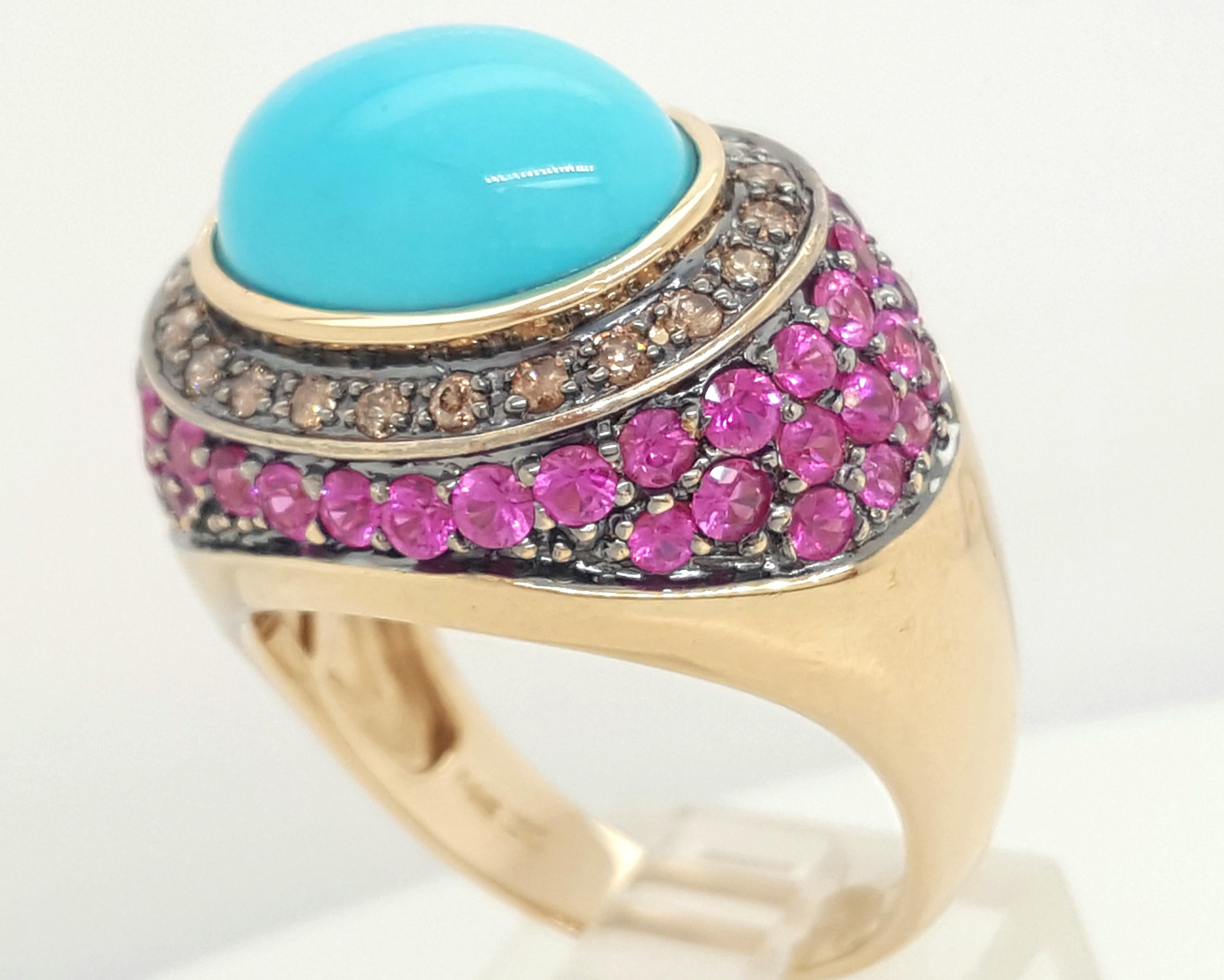 LeVian Robins Egg Blue Turquoise Diamond and Ruby 14 Karat Yellow Gold Ring In Excellent Condition In Addison, TX