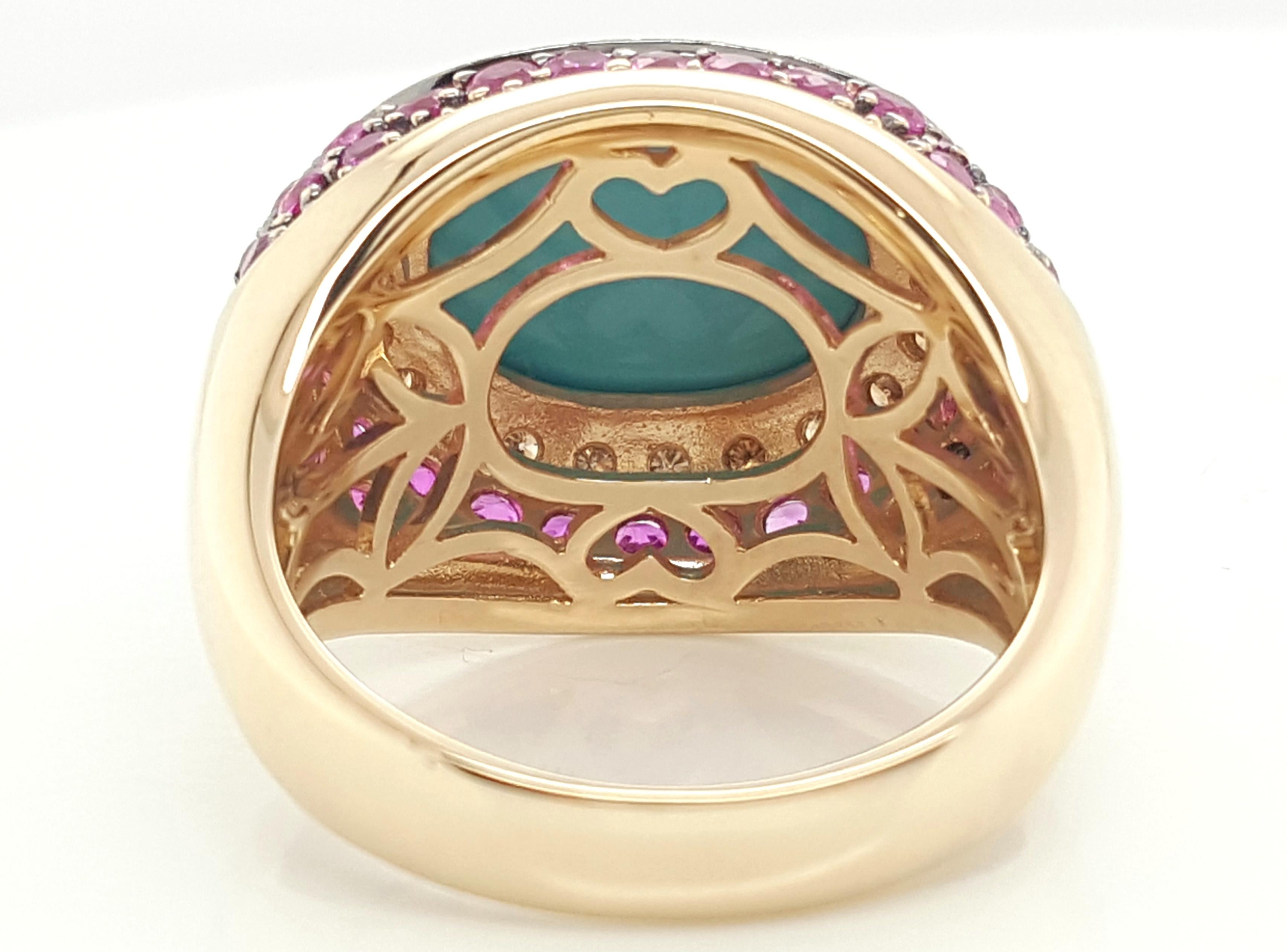 Women's or Men's LeVian Robins Egg Blue Turquoise Diamond and Ruby 14 Karat Yellow Gold Ring