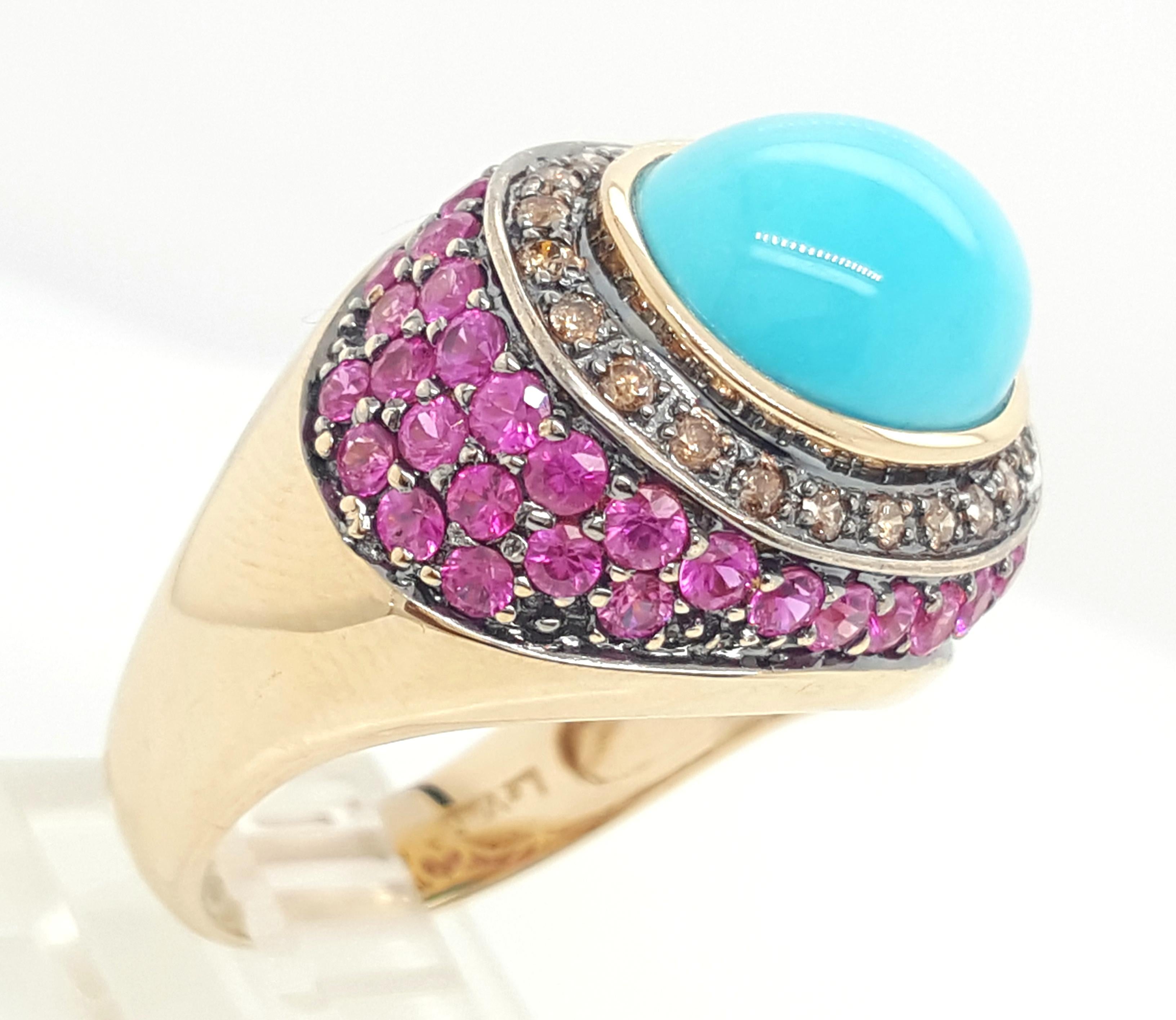 LeVian Robins Egg Blue Turquoise Diamond and Ruby 14 Karat Yellow Gold Ring 1