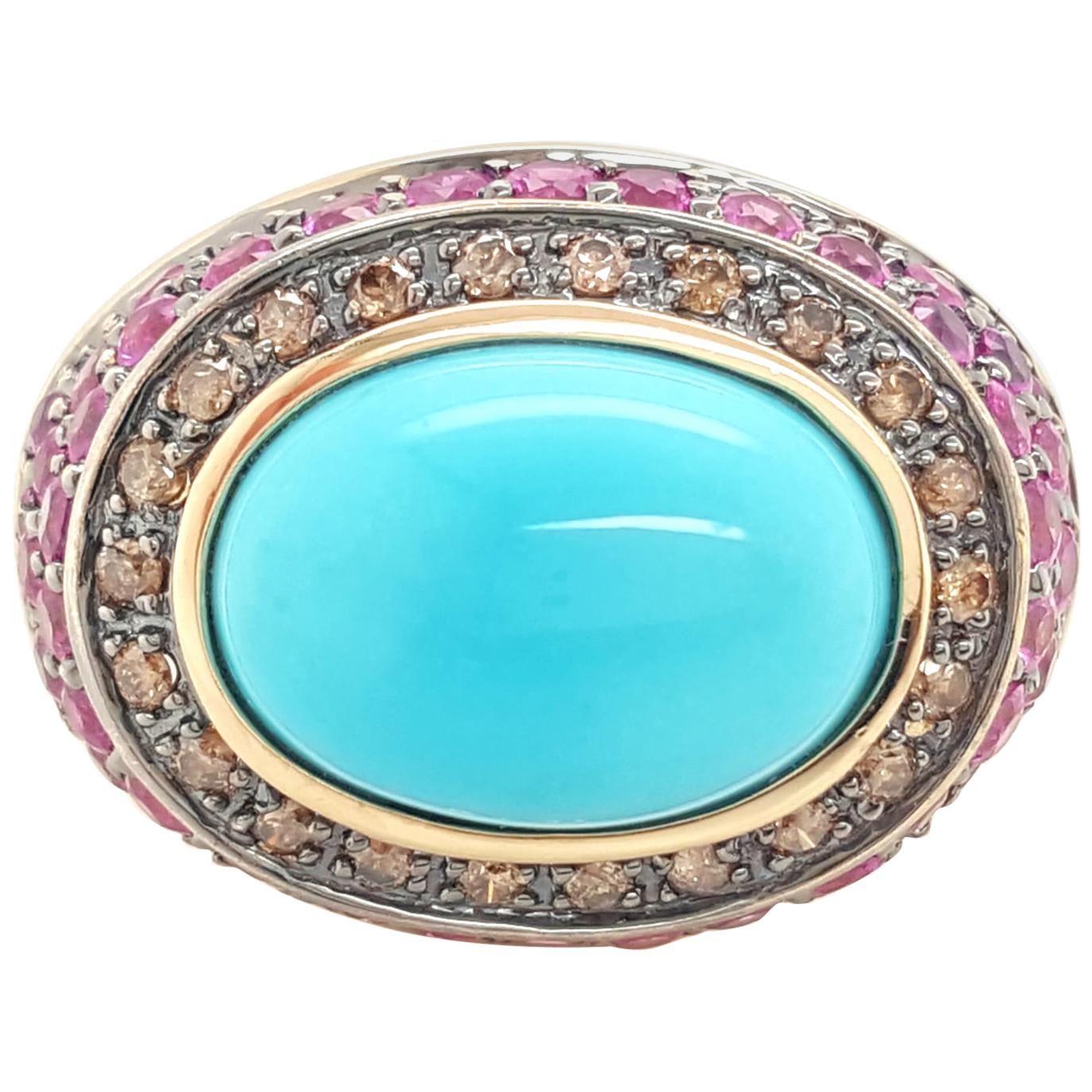 LeVian Robins Egg Blue Turquoise Diamond and Ruby 14 Karat Yellow Gold Ring