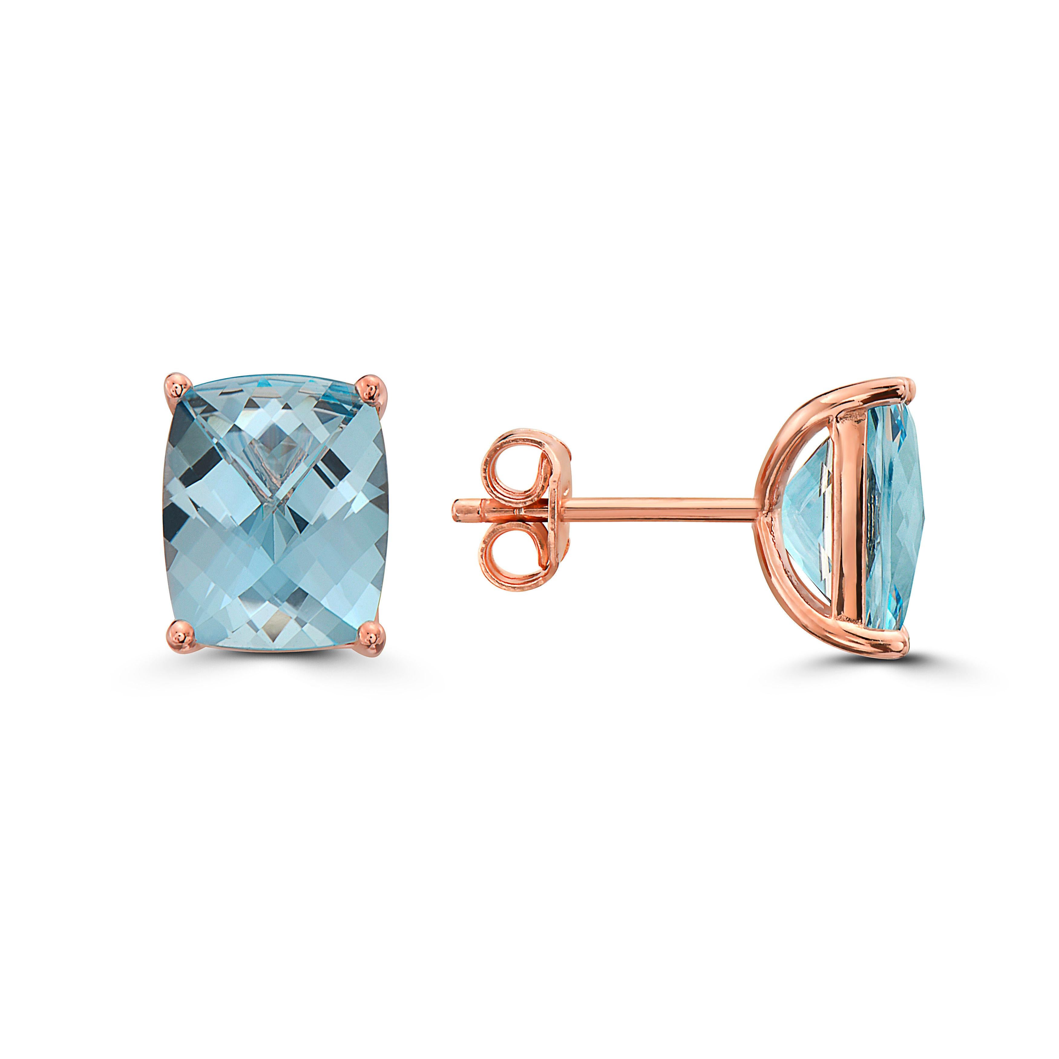 Women's or Men's LeVian Rose Gold Plated Blue Topaz Gemstone Beautiful Cushion Cut Stud Earrings For Sale