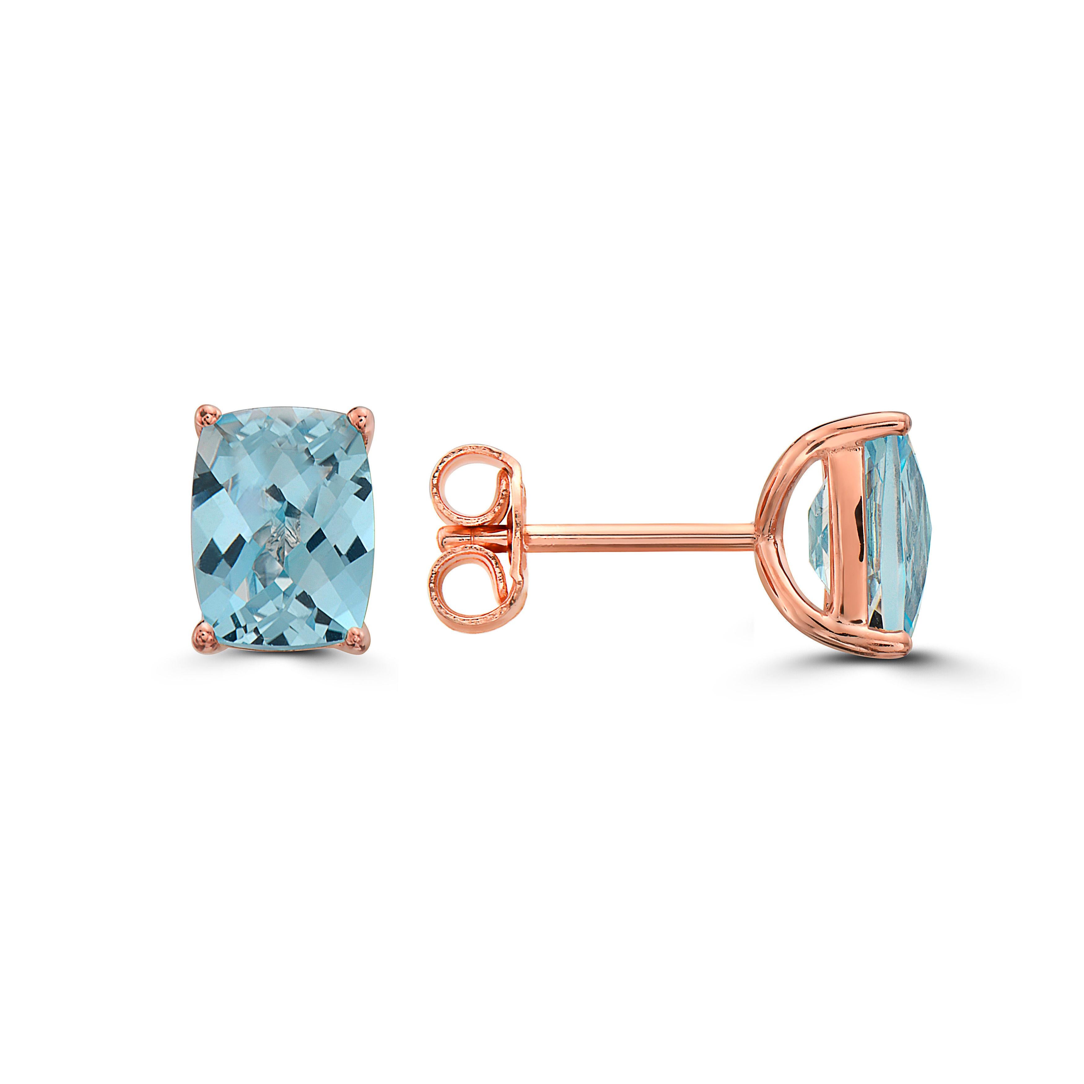 LeVian Rose Gold Plated Blue Topaz Gemstone Beautiful Cushion Cut Stud Earrings In New Condition In Great Neck, NY