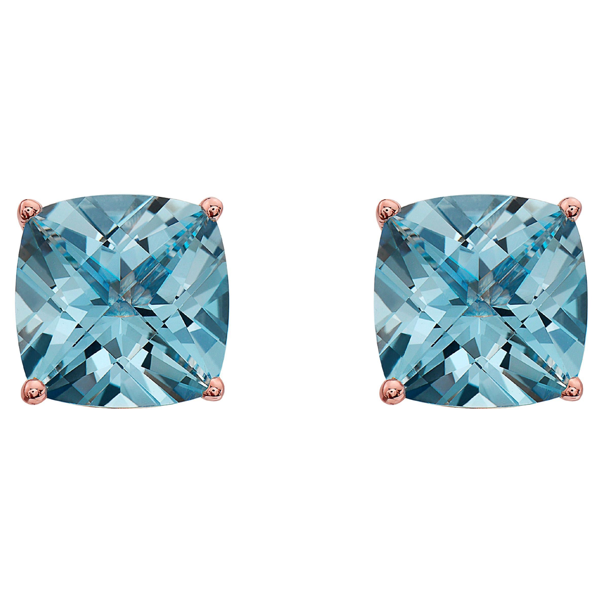 LeVian Rose Gold Plated Blue Topaz Gemstone Beautiful Cushion Cut Stud Earrings For Sale