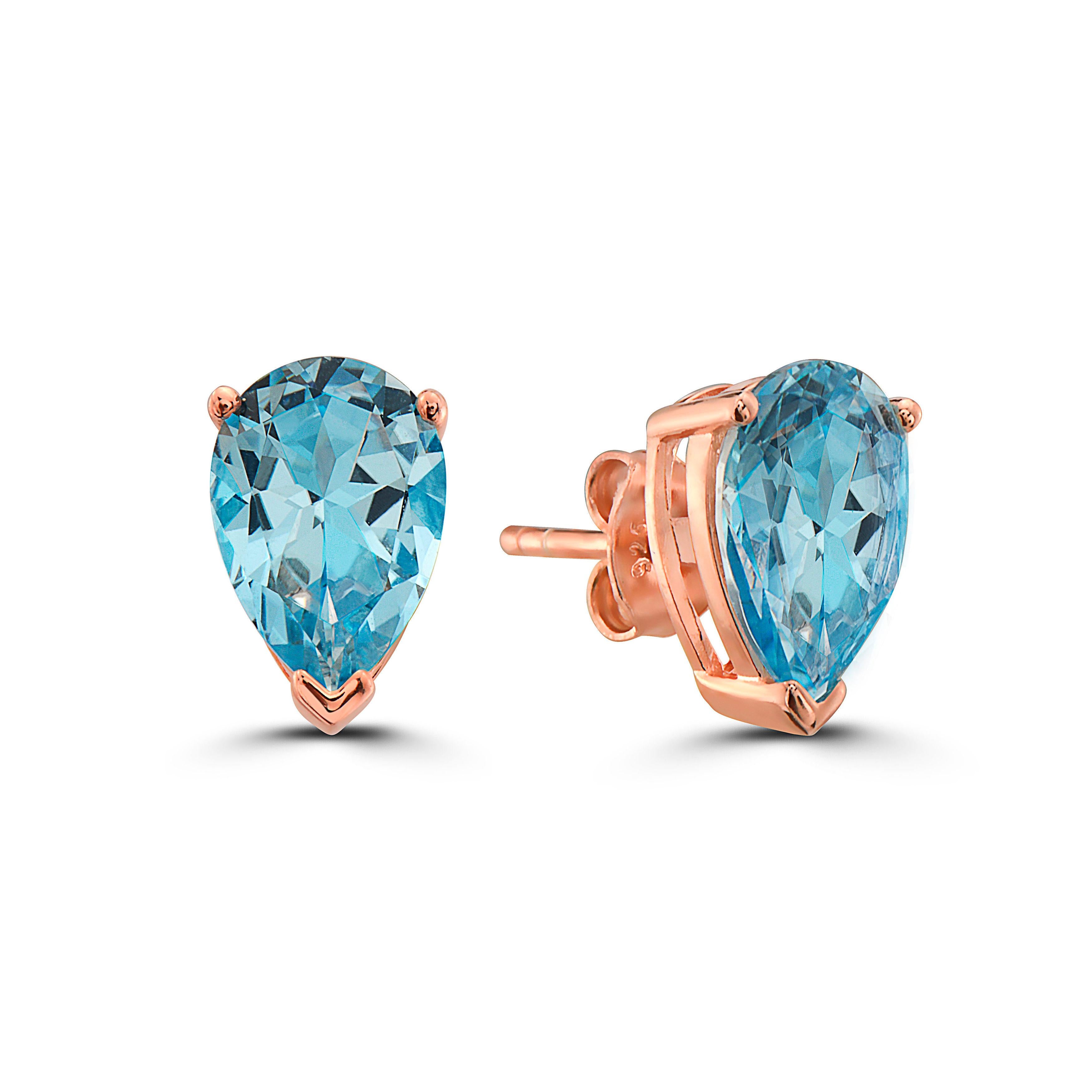 LeVian Rose Gold Plated Blue Topaz Gemstone Beautiful Pear Shape Stud Earrings In New Condition For Sale In Great Neck, NY