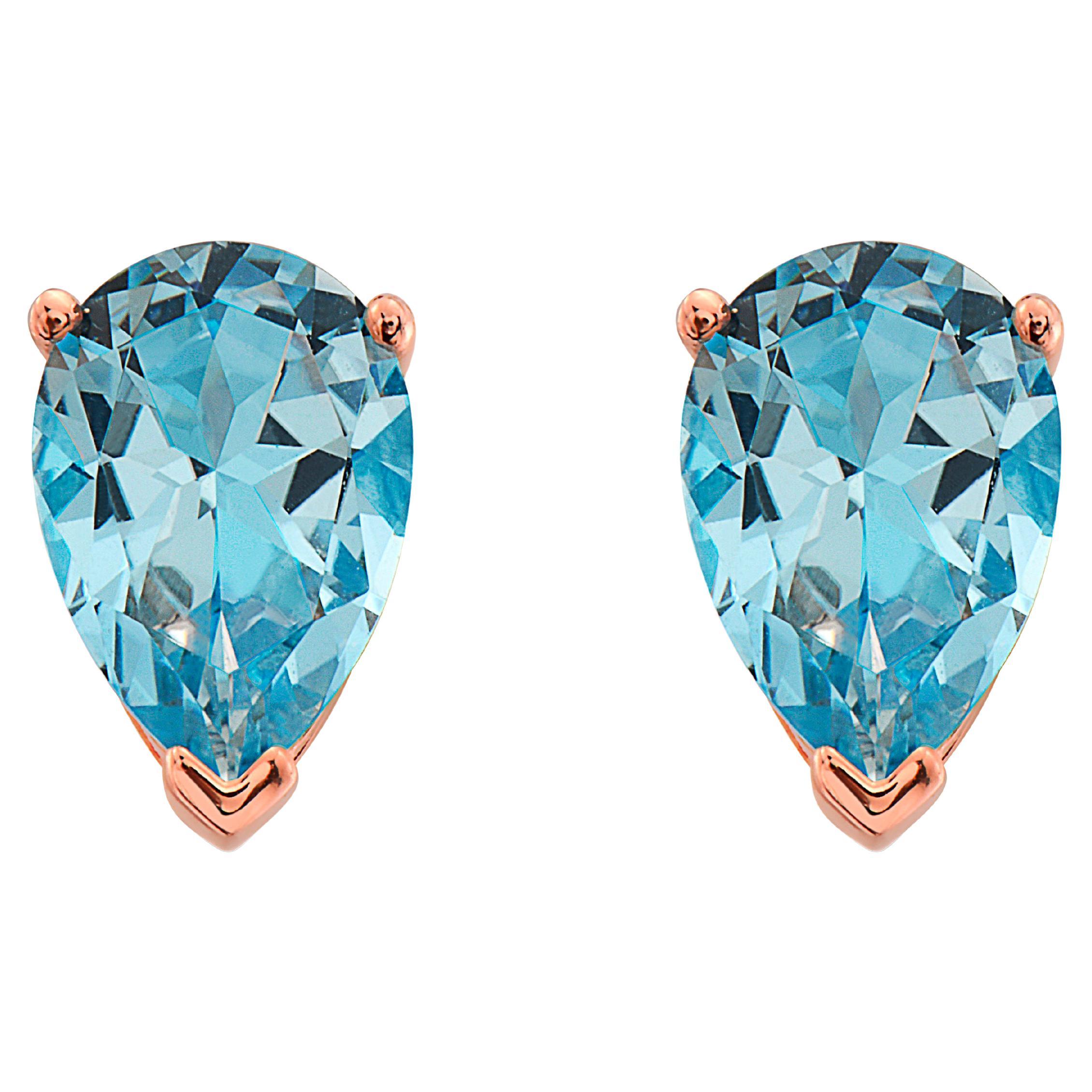 LeVian Rose Gold Plated Blue Topaz Gemstone Beautiful Pear Shape Stud Earrings For Sale