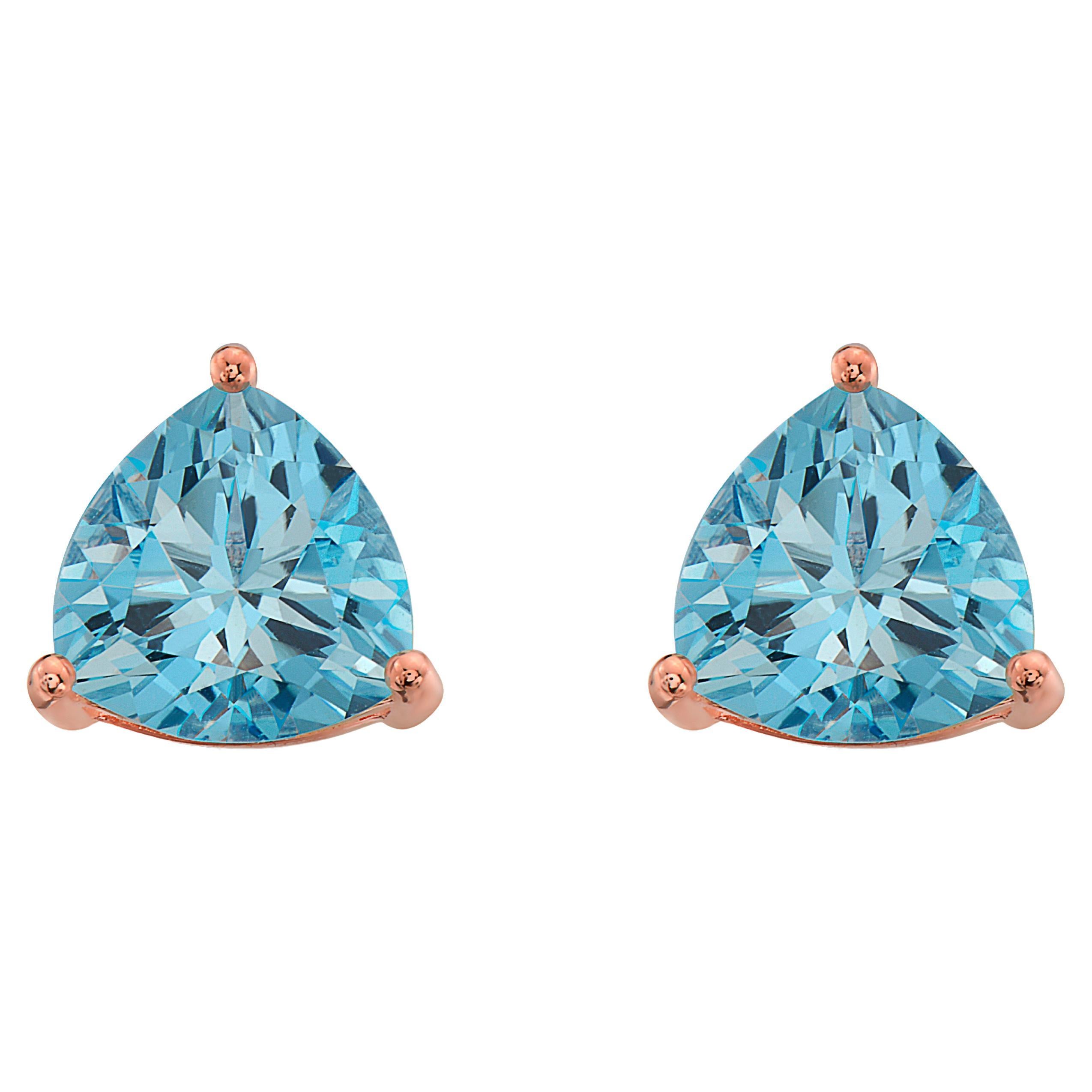 LeVian Rose Gold Plated Blue Topaz Gemstone Beautiful Trillion Cut Stud Earrings For Sale