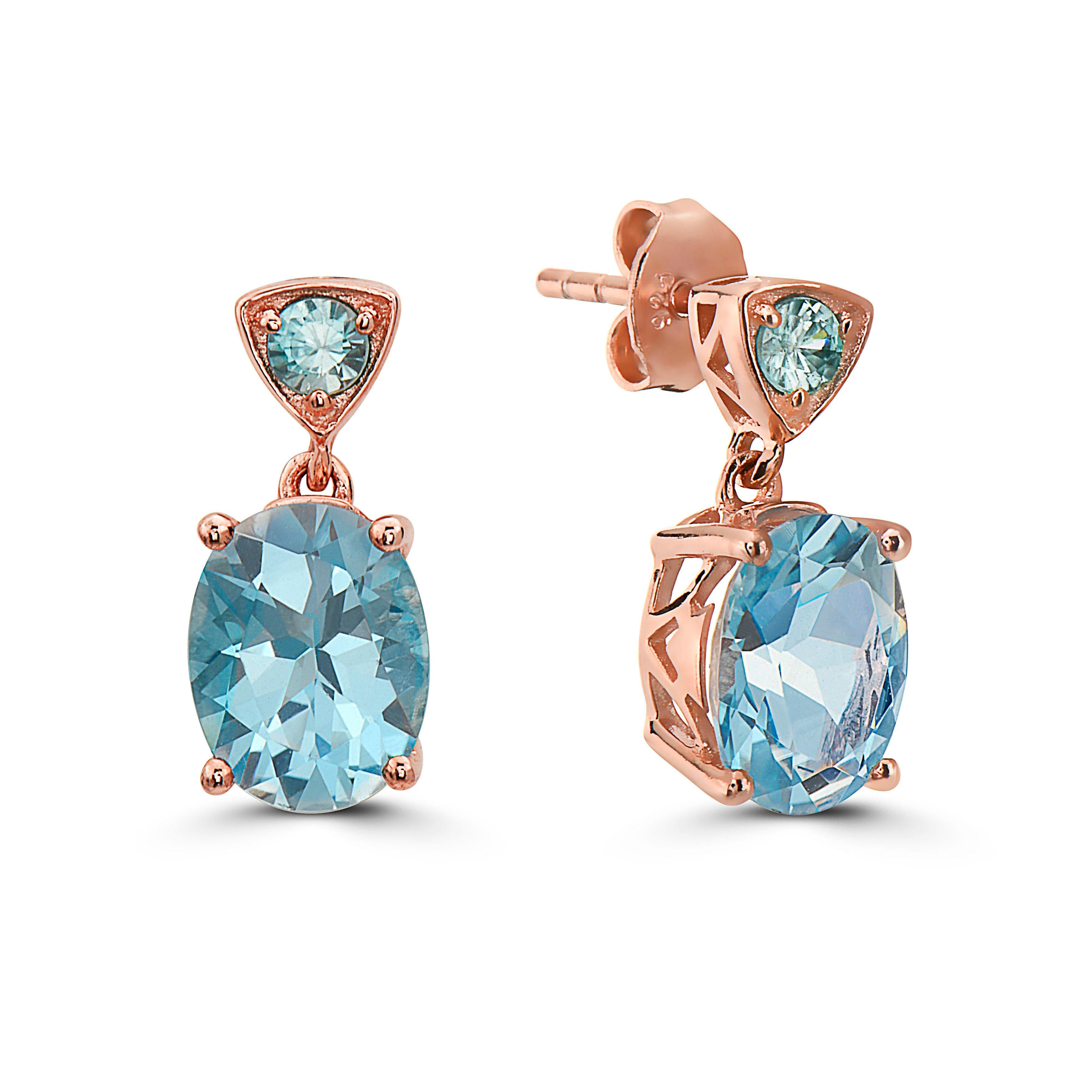LeVian Rose Gold Plated Blue Topaz Zircon Gemstone Beautiful Fancy Earrings In New Condition For Sale In Great Neck, NY